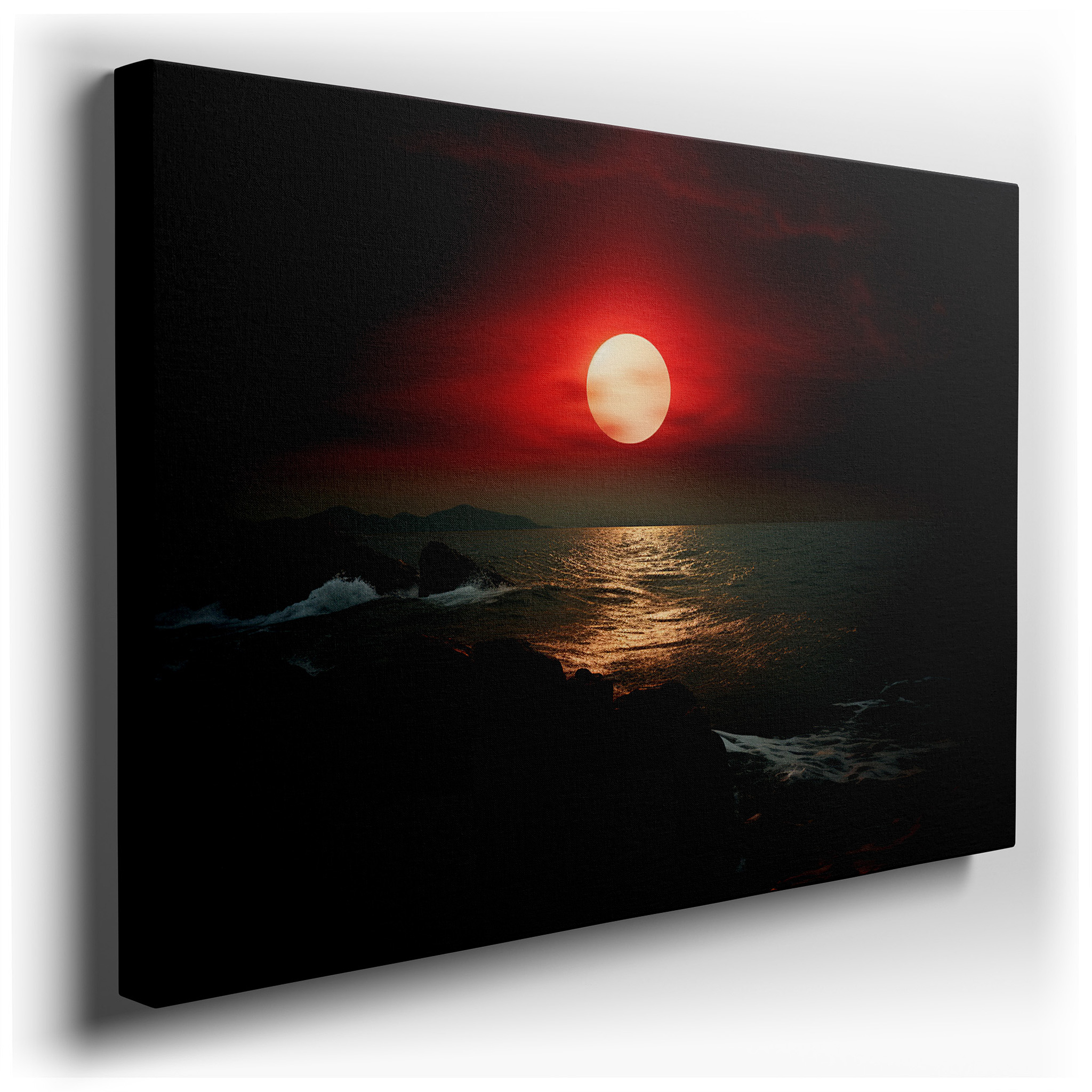 Sunset Ablaze: Vivid Reds Reflecting on Ocean Waves Against a Dark Coastline - Large Canvas Wall Art for Home and