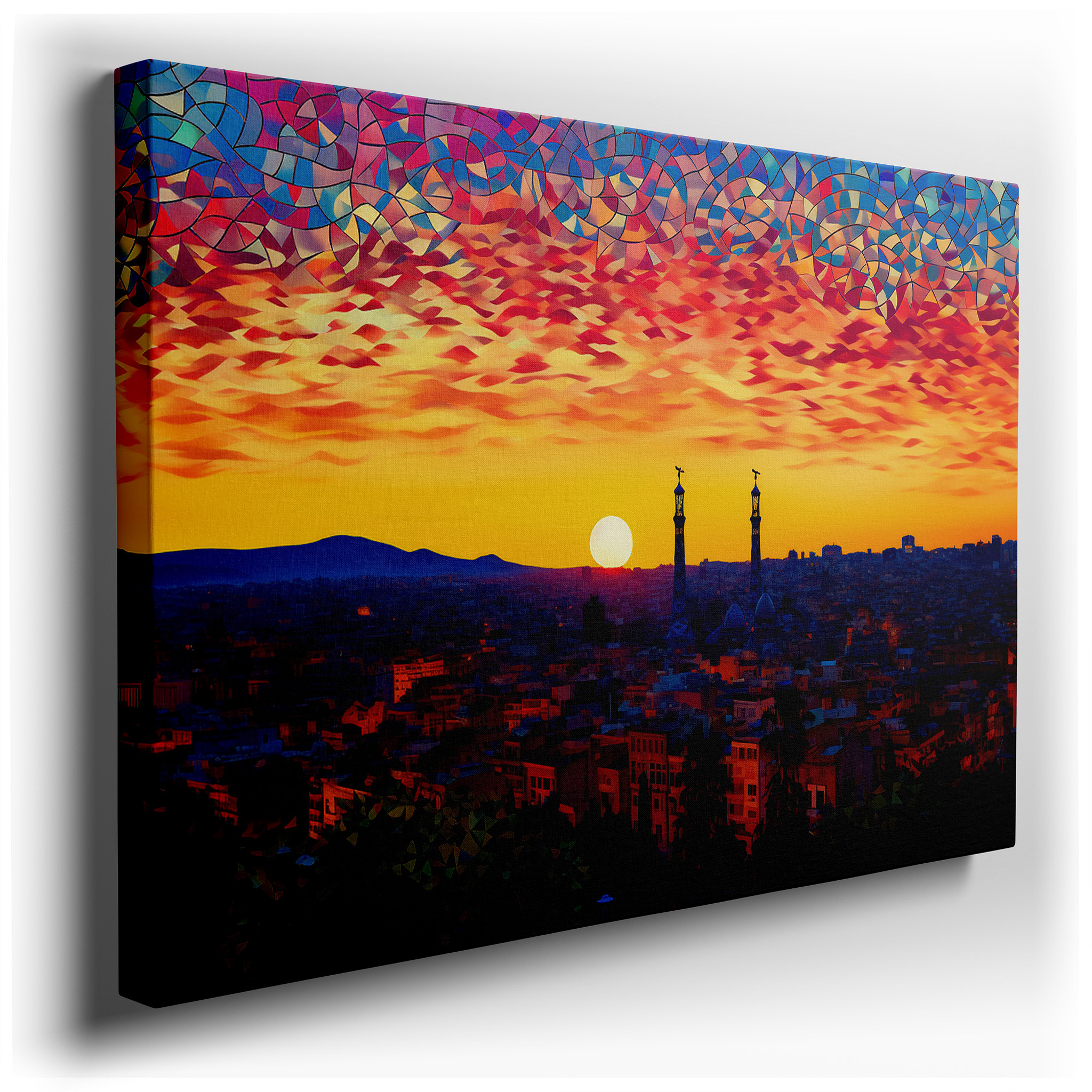 Sunset and City Skyline Canvas with Mountain Silhouettes - Large Wall Art for Office, Bedroom, and Living Room Decor