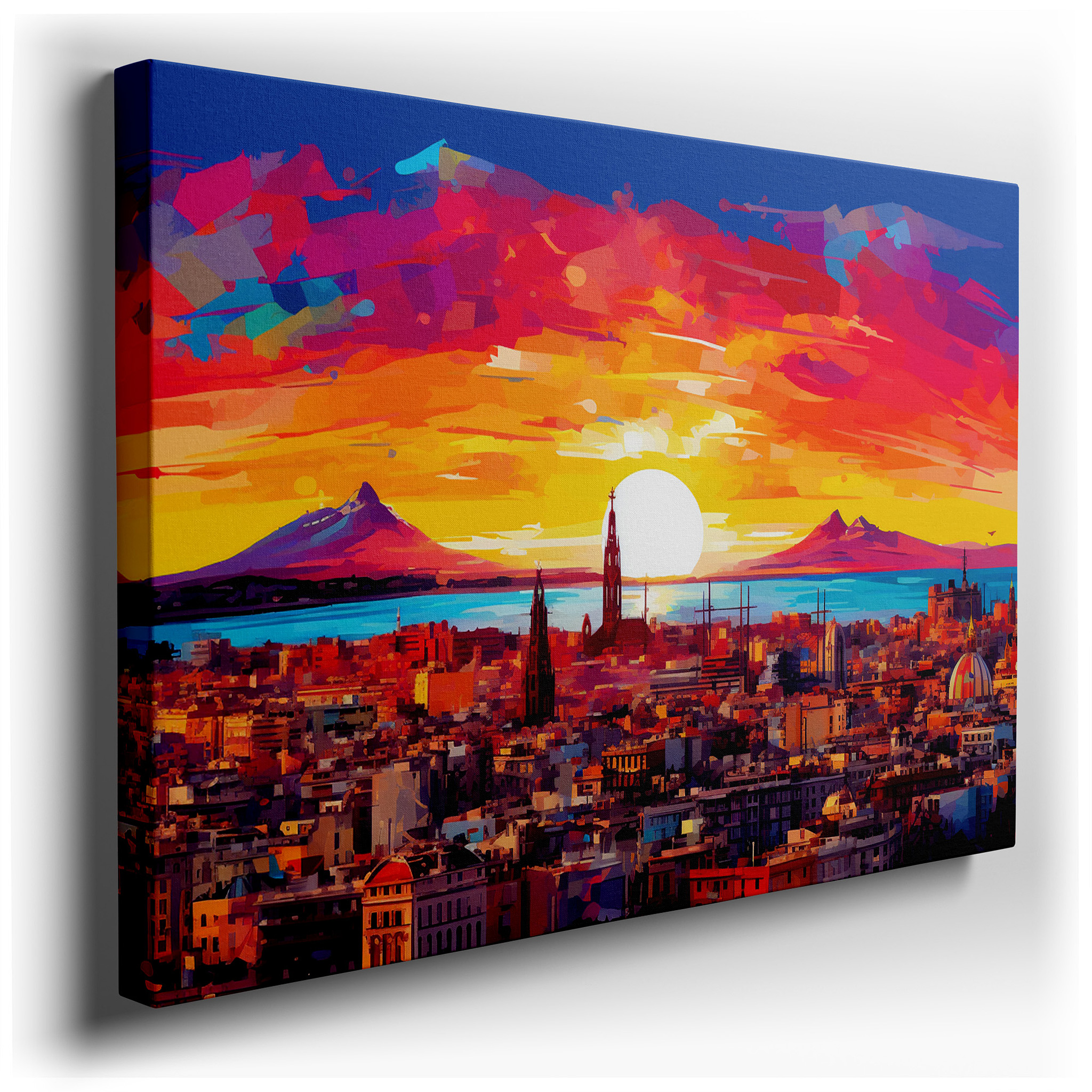 Sunset and Cityscape Against Majestic Mountains - A Perfect Fusion of Natural and Urban Vibes Large Wall Art, Canvas