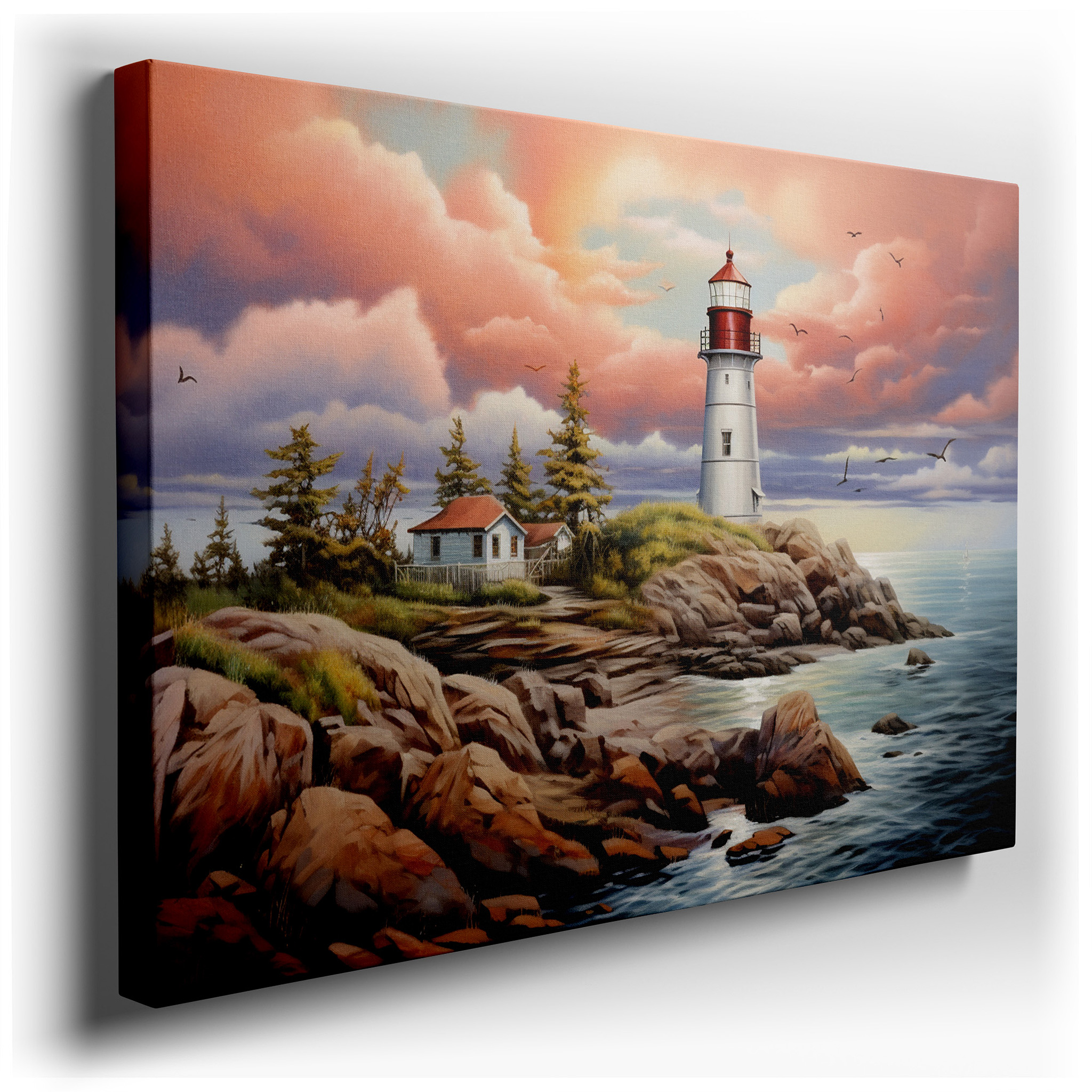 Sunset at the Majestic Lighthouse: A Beacon of Hope on the Rugged Coast - Large Canvas Wall Art for Office and Bedroom