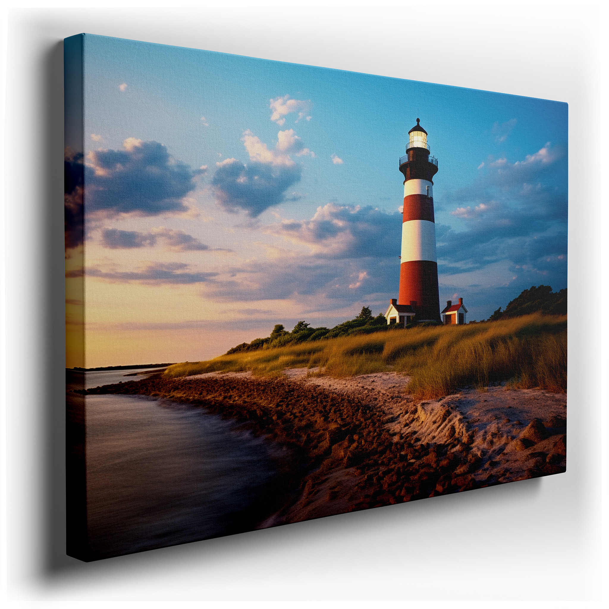 Sunset at the Majestic Lighthouse: Tranquil Beach Scene with Vibrant Colors and Serene Coastal Beauty - Large Canvas
