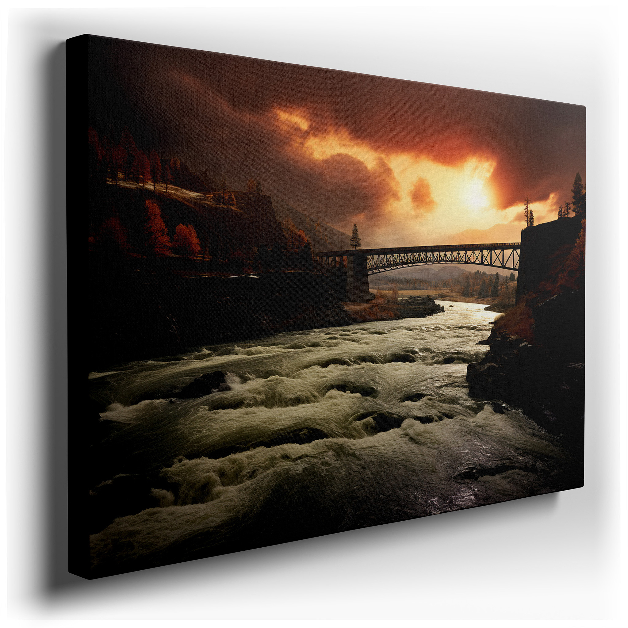 Sunset Blaze Over The Vigorous River And Majestic Bridge Wall Art - Large Canvas for Office, Bedroom, and Living Room