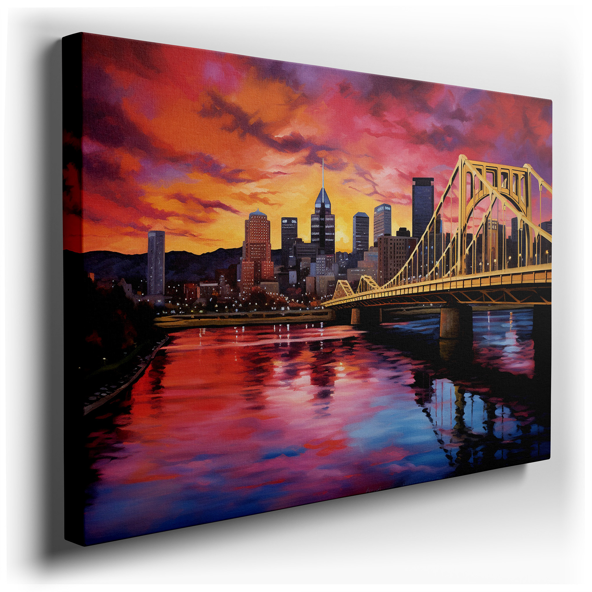 Sunset Bridge and City Skyline - Celebrating Urban Spirit and Architectural Elegance Large Wall Art, Canvas Wall Art,
