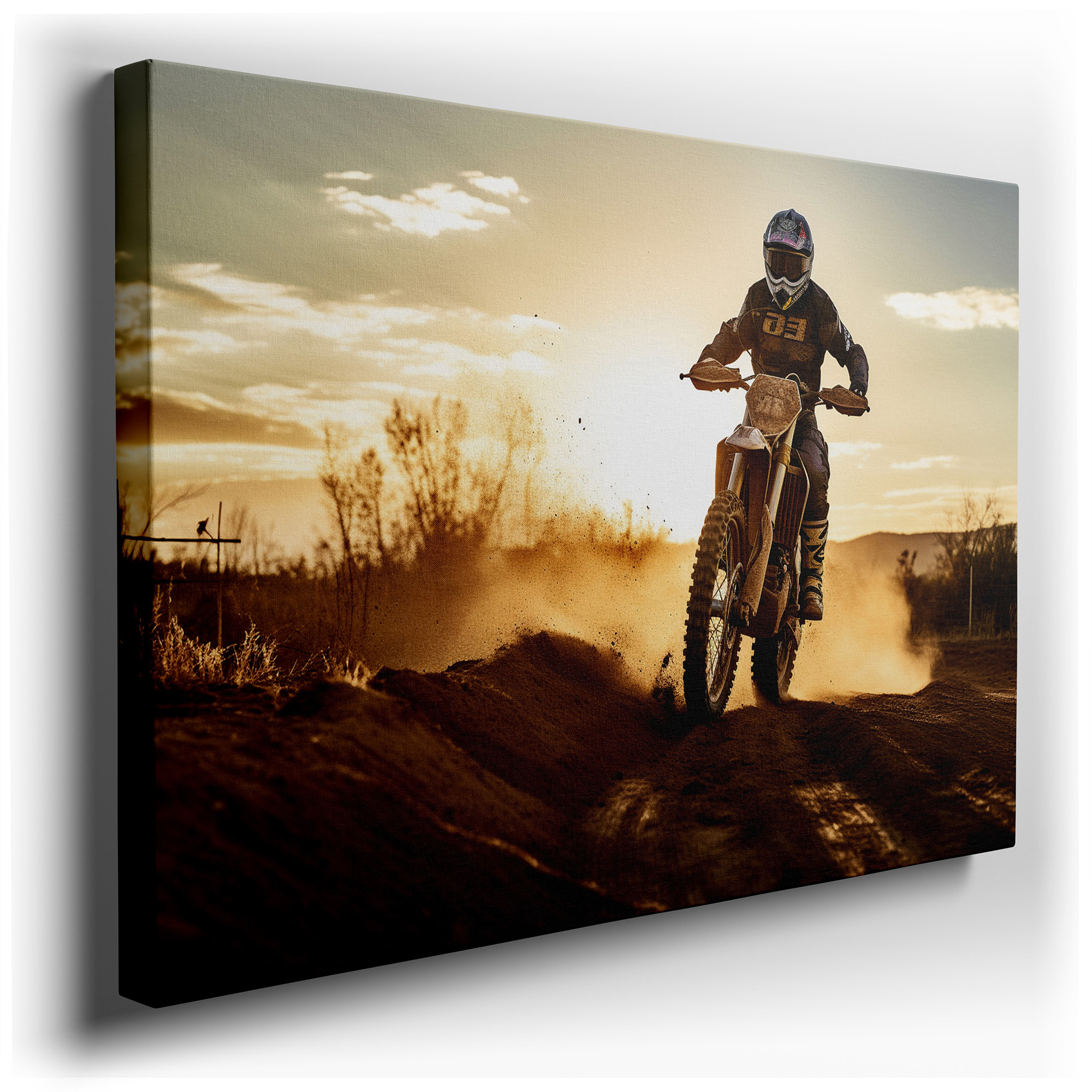Sunset Dirt Biking Adventure Across Rugged Dunes - Large Canvas Wall Art for Office, Bedroom, and Living Room Decor