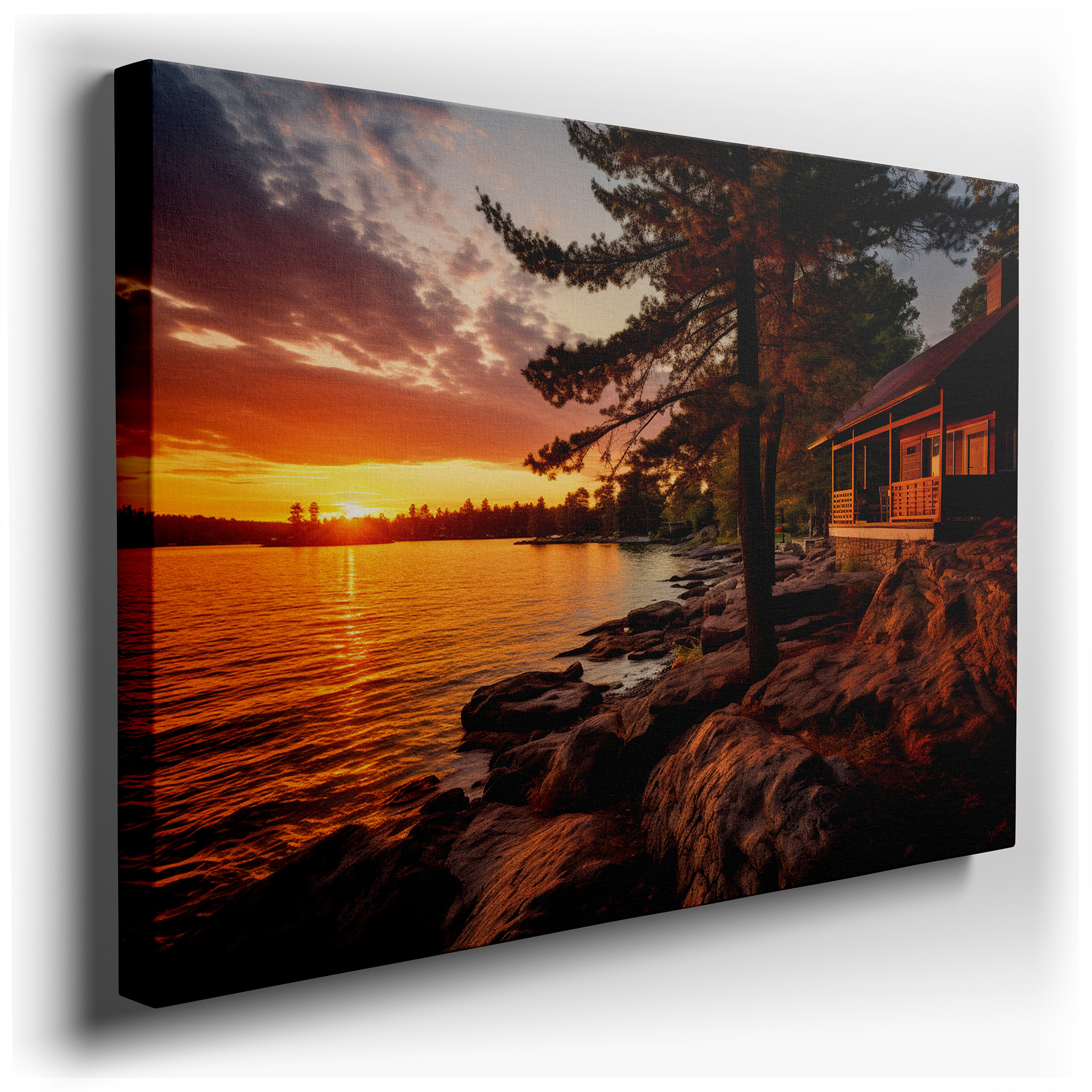 Sunset Embrace at the Secluded Lakeside Cabin: Large Canvas Wall Art for Office, Bedroom, and Living Room Decor wrapped