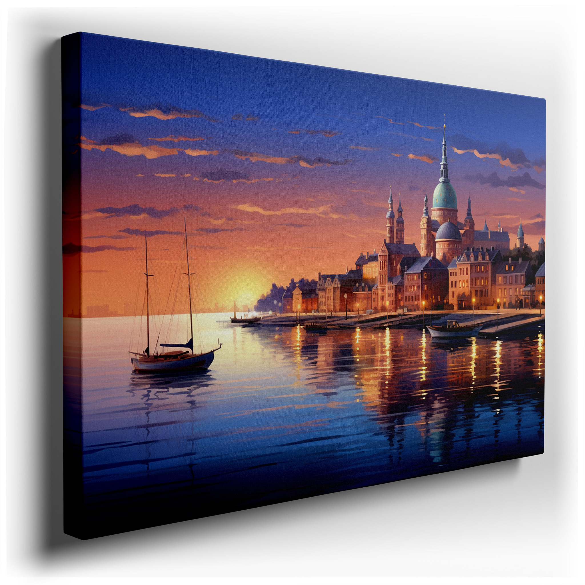 Sunset Embrace Over Tranquil Waters and Historic Shores: Large Canvas Wall Art for Office, Bedroom, and Living Room