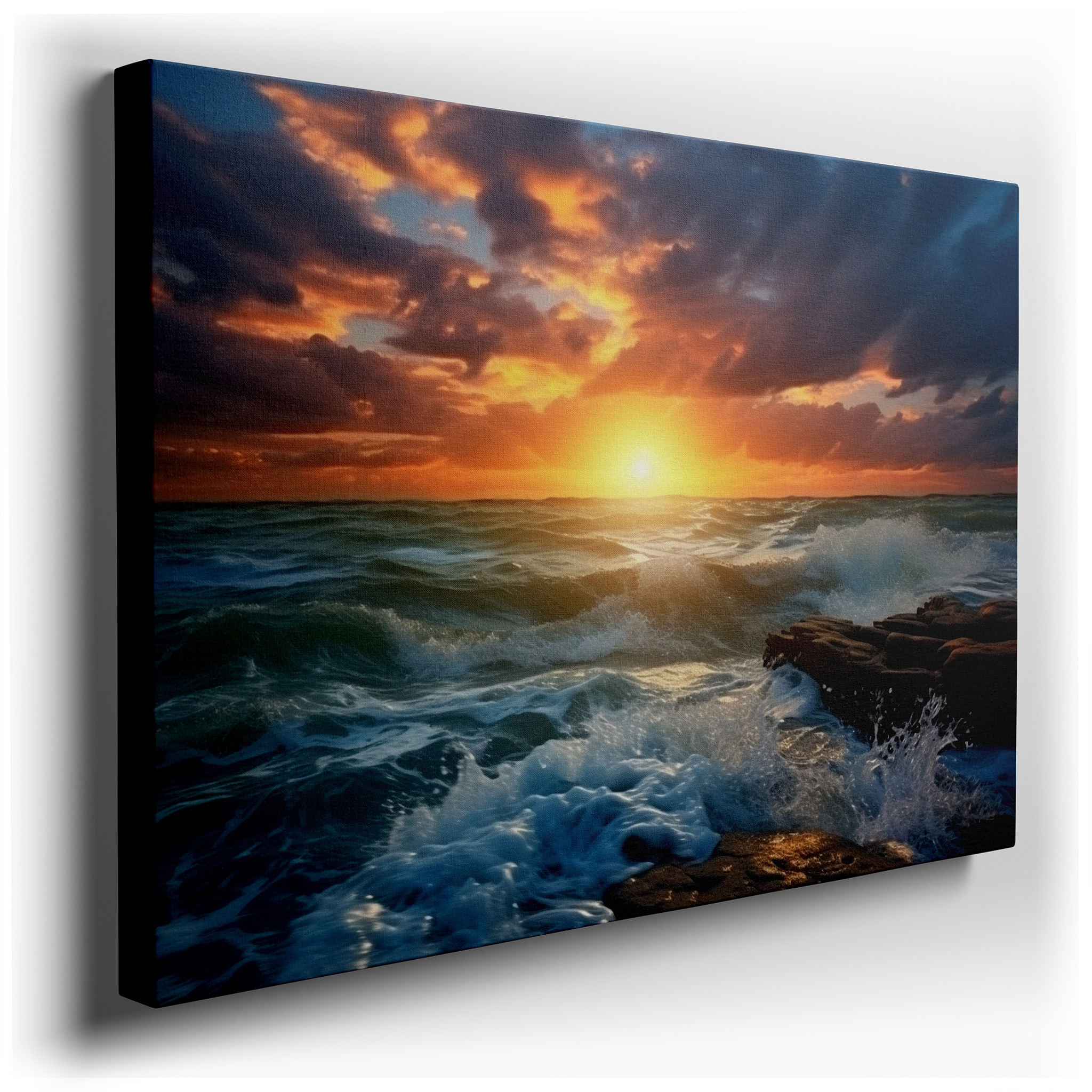 Sunset Embraces the Horizon: Fiery Waves and Rugged Shores Large Wall Art, Canvas Wall Art, Wall Decor for Office,