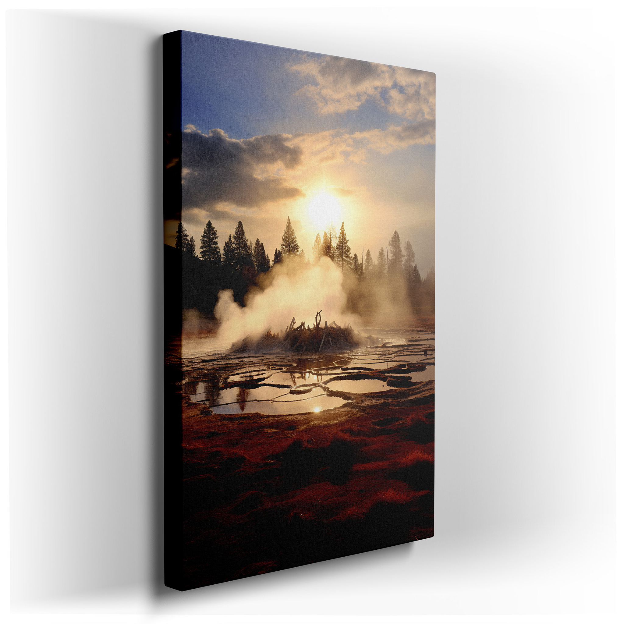 Sunset Forest Geyser Eruption, Dynamic Energy and Serene Beauty Large Wall Art, Canvas Wall Art, Wall Decor for Office