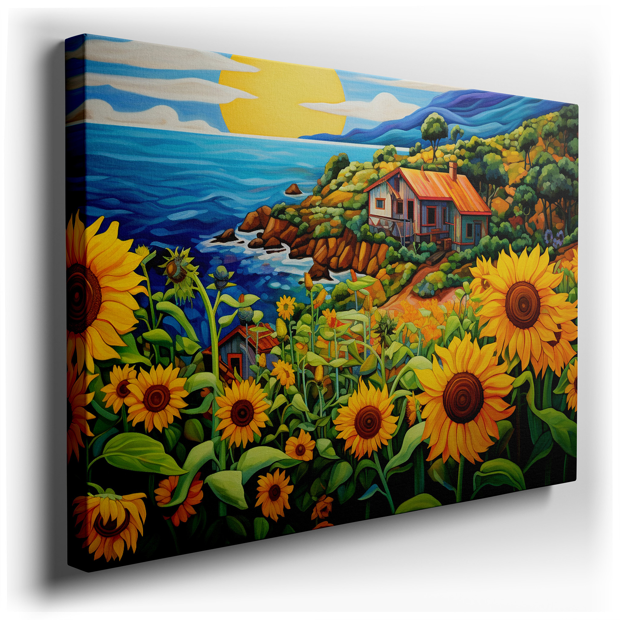 Sunset Glow and Blooming Sunflowers Coastal Retreat Large Canvas Wall Art for Office and Bedroom Decor wrapped canvas -
