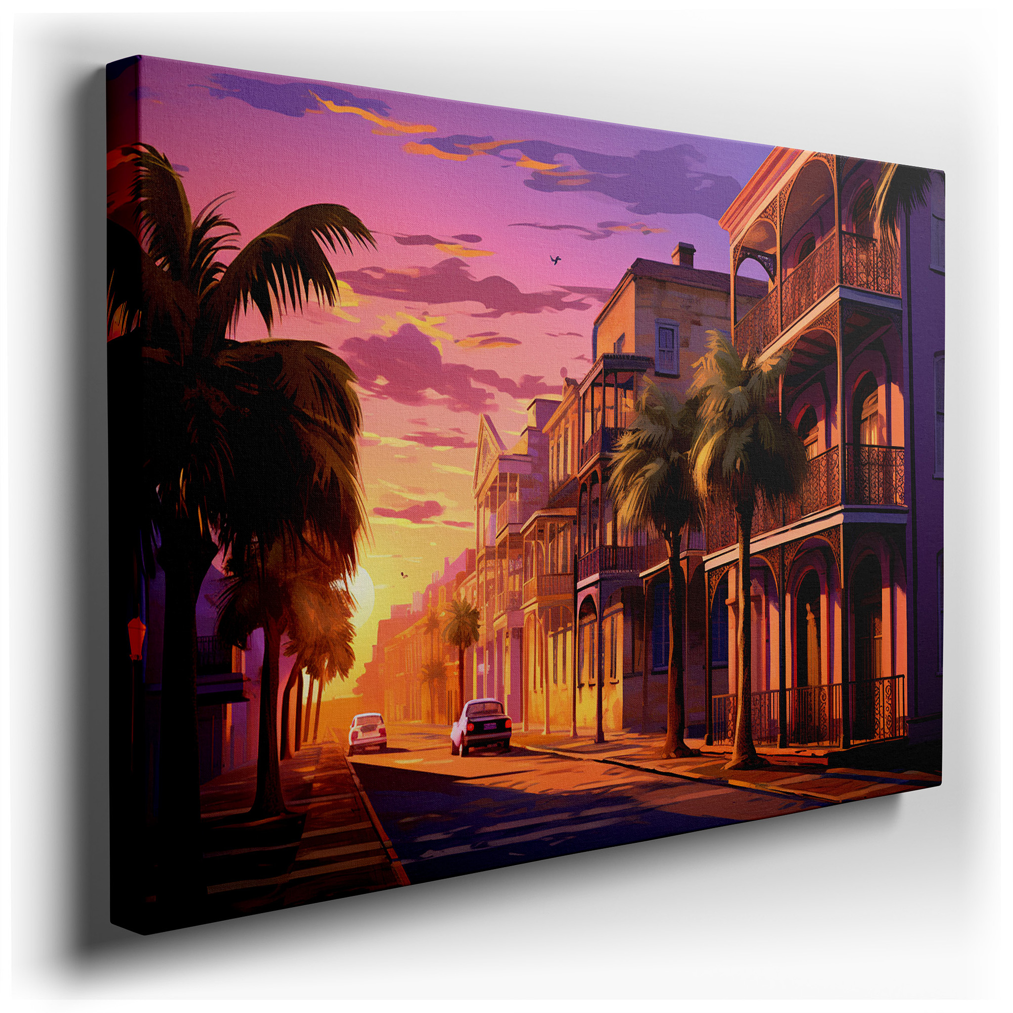 Sunset Glow Over a Historic Southern Coastal Town, Serene Street Scene with Tropical Flair, Large Canvas Wall Art for