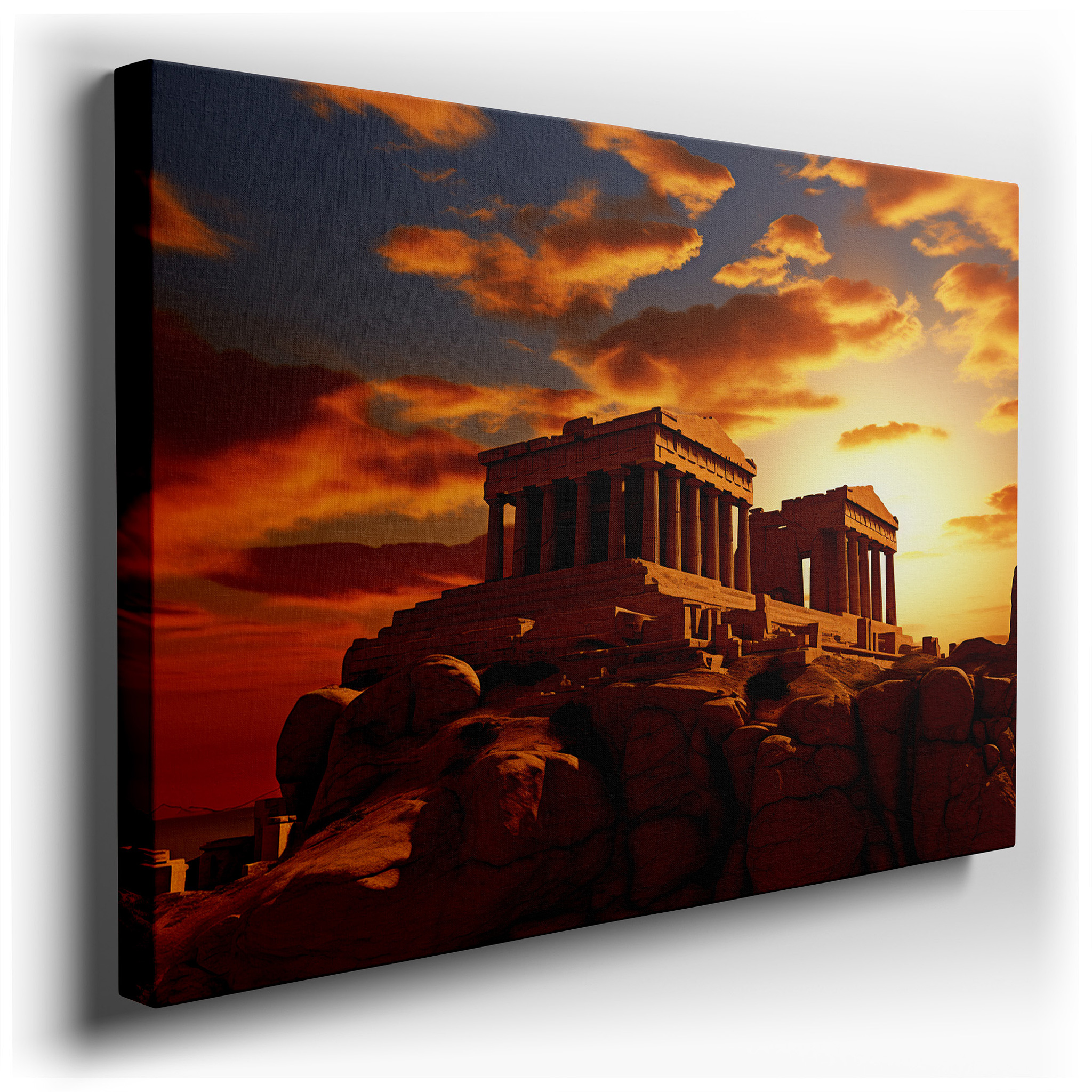 Sunset Glow Over Ancient Greek Temple, Timeless Nature - Inspired Large Wall Art for Office and Bedroom Decor wrapped