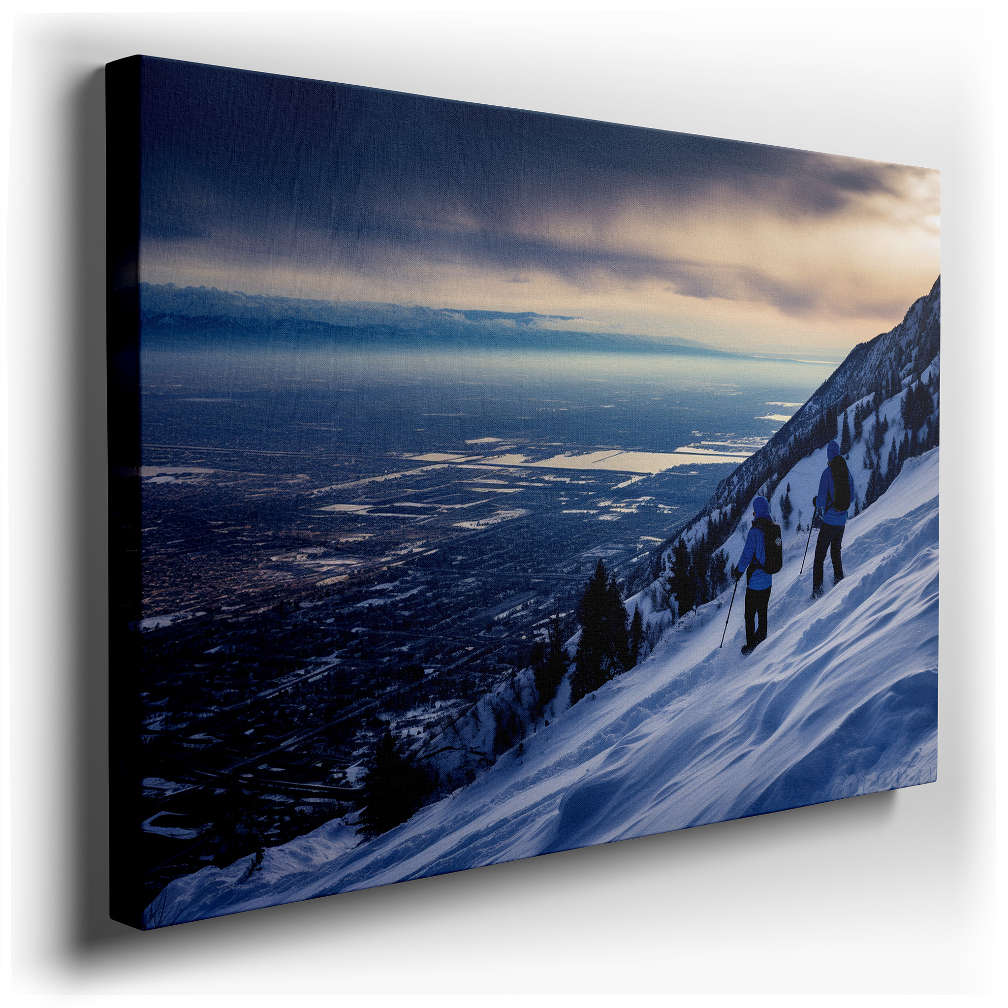 Sunset Hikers in a Snowy Mountain Landscape: A Vivid Adventure and Nature's Beauty - Large Canvas Wall Art for Office