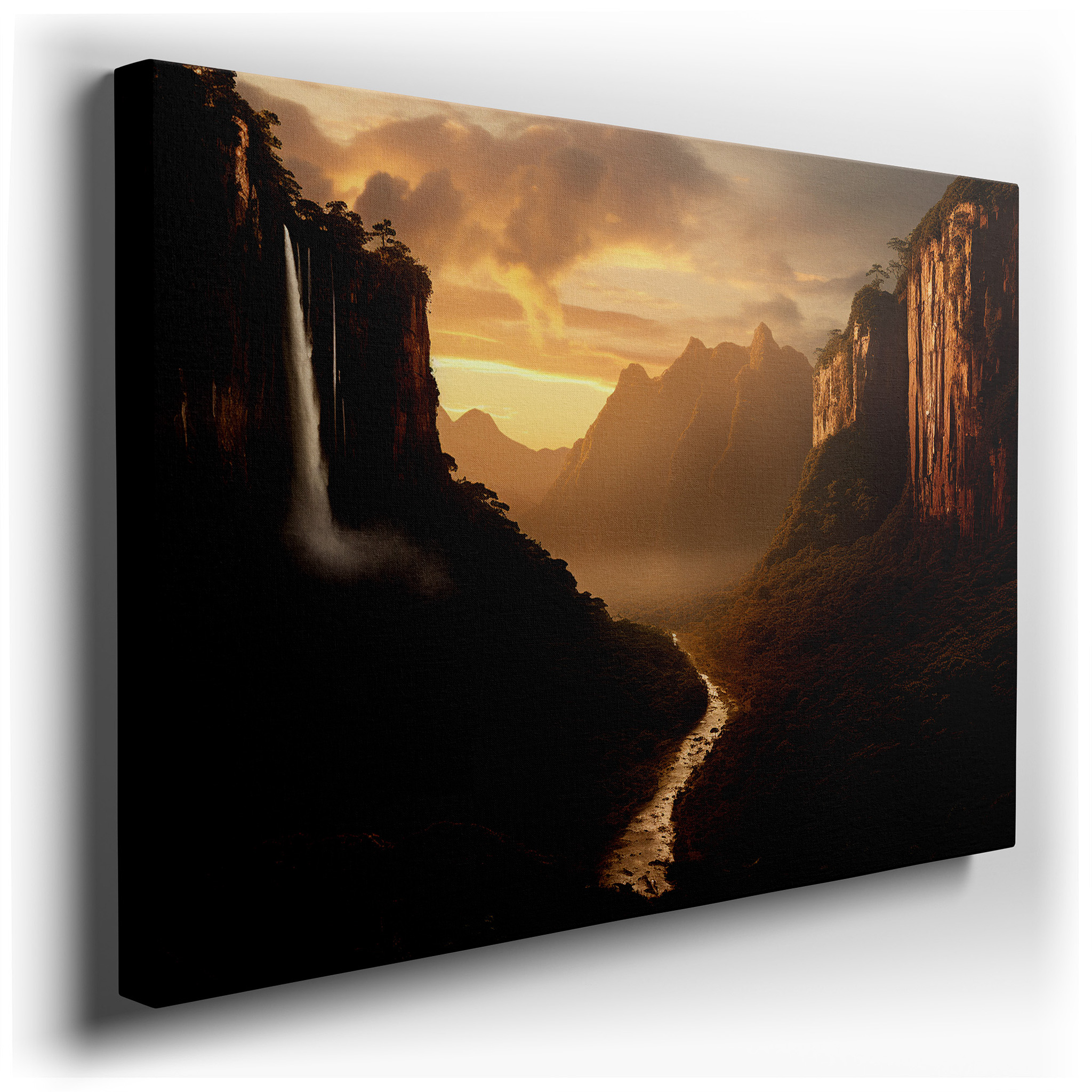 Sunset - Illuminated Majestic Waterfall in a Serene Valley Large Wall Art, Canvas Wall Art, Wall Decor for Office and