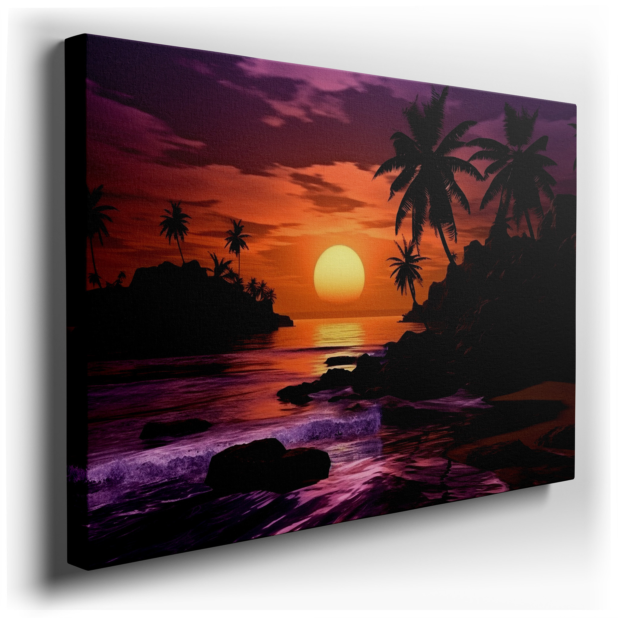 Sunset in Tropical Paradise with Glowing Sun, Majestic Palms, and Peaceful Sea - Large Canvas Wall Art for Office and