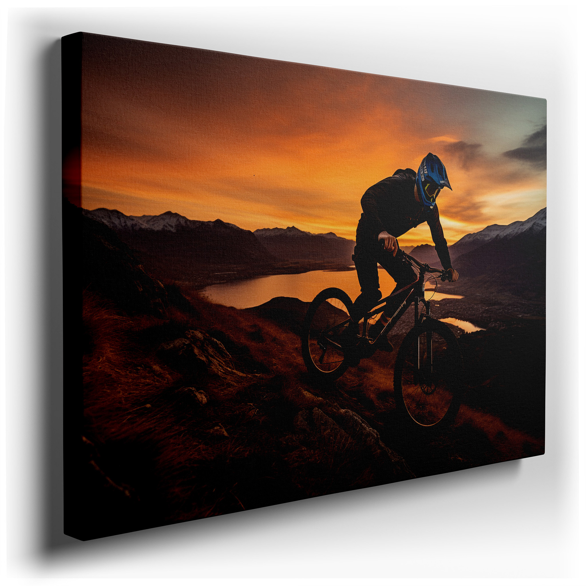Sunset Mountain Biking on Rugged Terrain - Large Canvas Wall Art for Office, Bedroom, and Living Room Decor wrapped