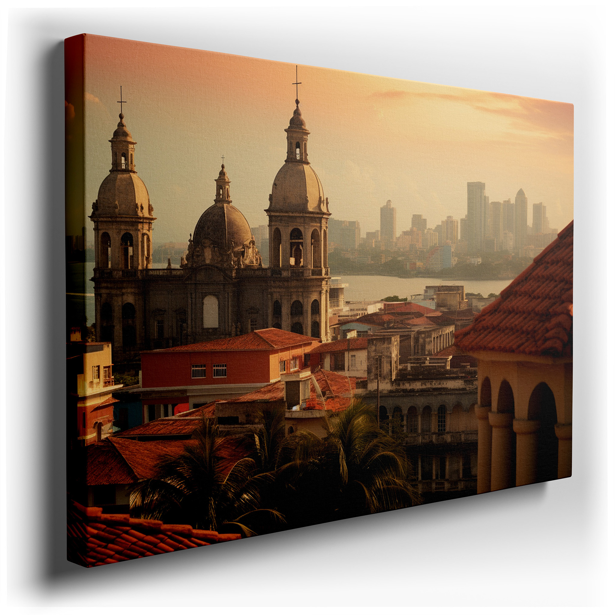 Sunset Over Cathedral and Cityscape - Blending Timeless Architecture with Modern Development, Large Canvas Wall Art for