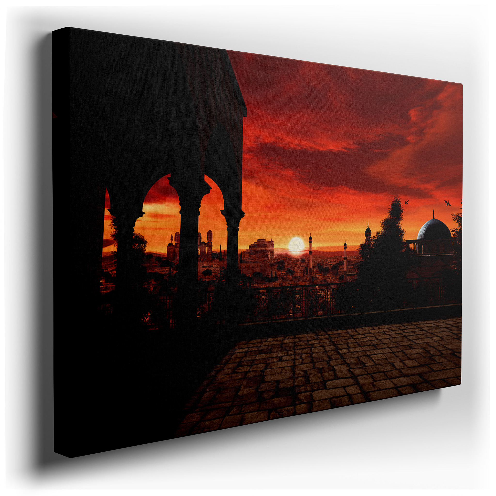 Sunset Over Historic Cityscape Wall Art Featuring Iconic Domes and Minarets - Large Canvas for Office, Bedroom, and