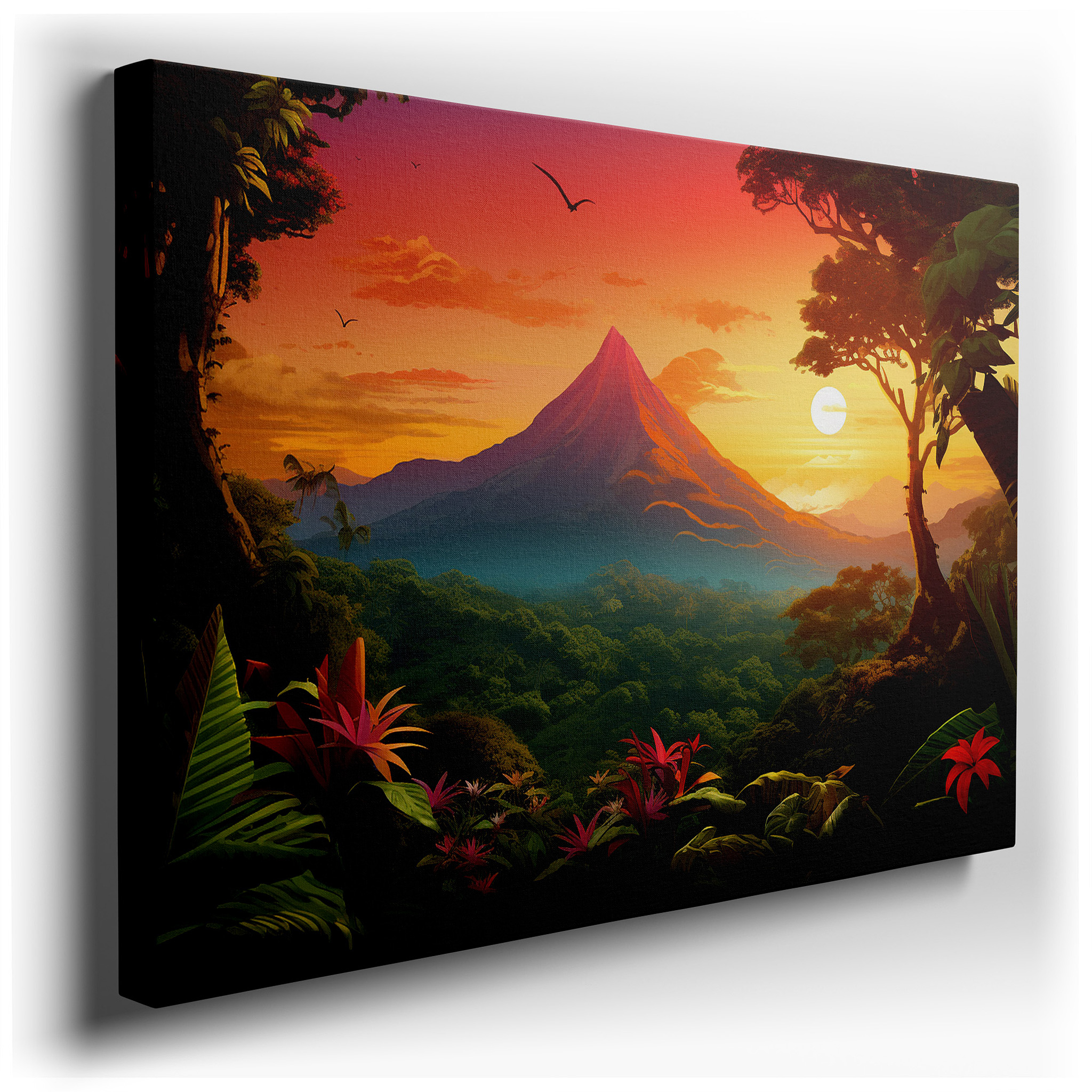 Sunset Over Majestic Mountain with Tropical Foliage - Large Canvas Wall Art for Office, Bedroom, and Living Room Decor