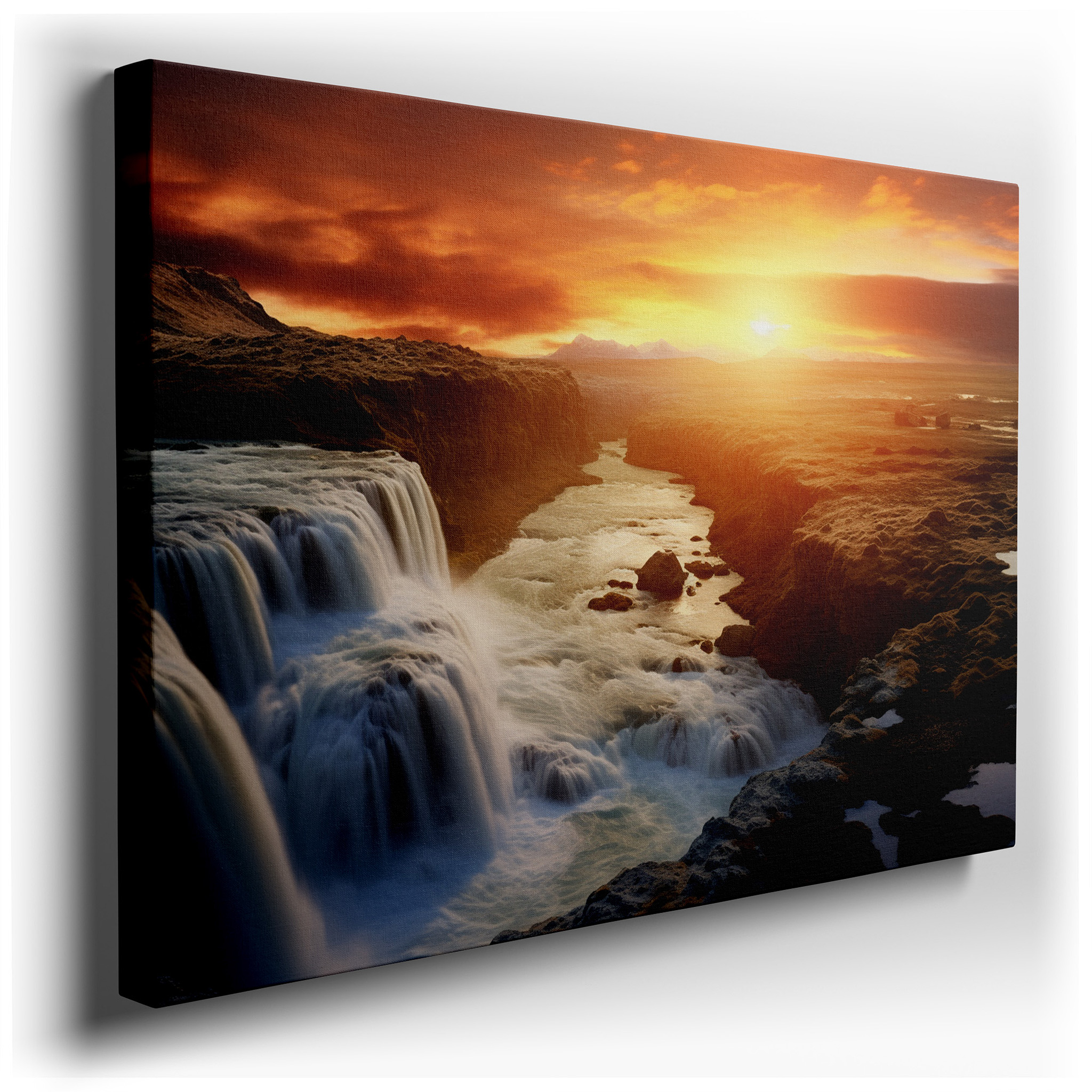 Sunset Over Majestic Waterfall and Serene River - Peaceful Nature Landscape for Home Decor, Large Canvas Wall Art,
