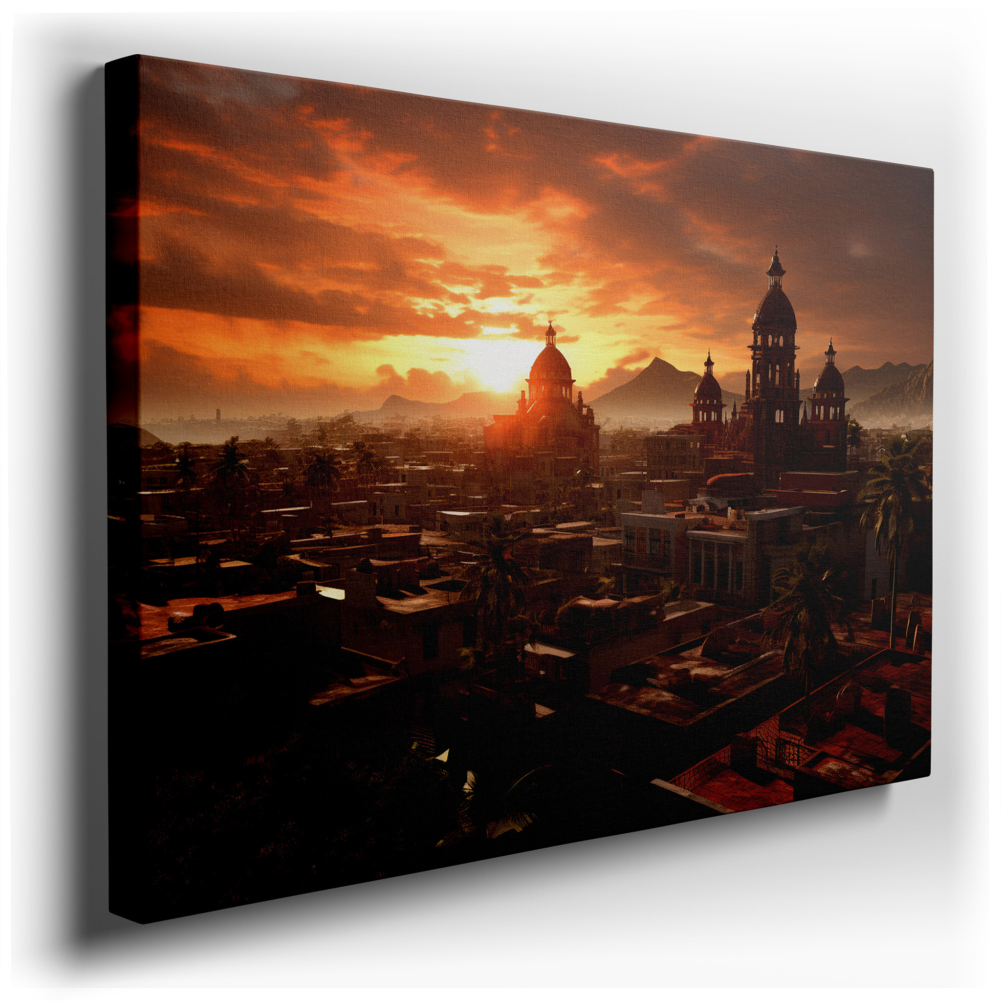 Sunset Over the Historic City: A Canvas of Fiery Skies and Timeless Silhouettes - Large Wall Art for Office and Bedroom
