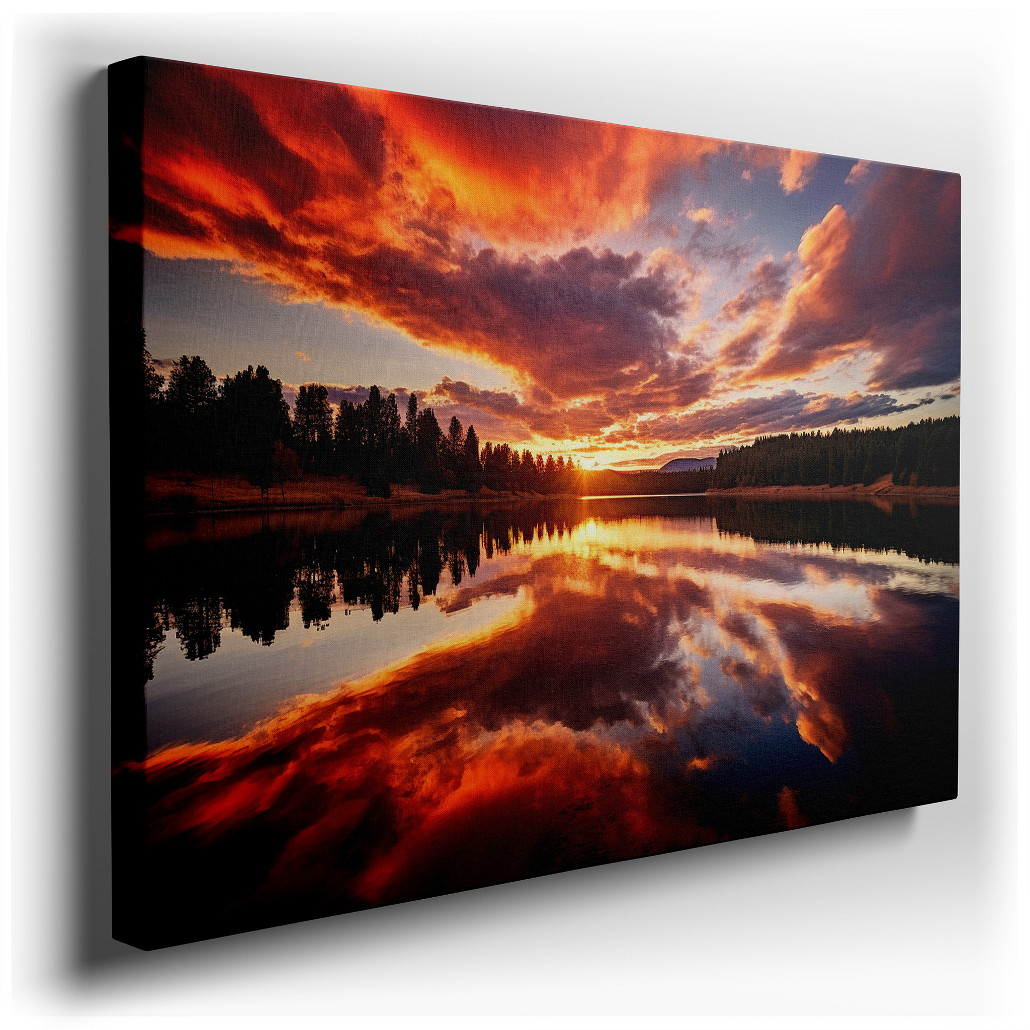 Sunset Over Tranquil Lake Wall Art: Peaceful and Renewing with a Vibrant Fiery Sky and Reflective Waters, Ideal for