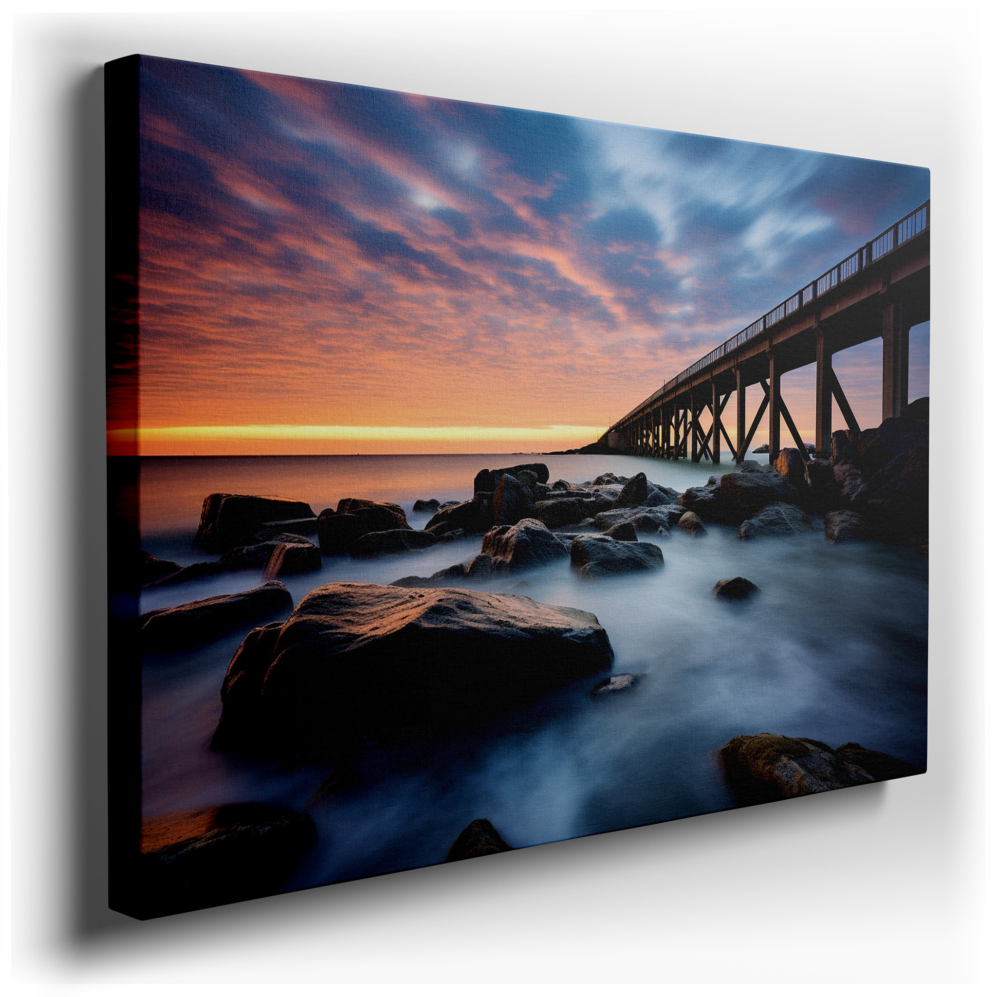 Sunset Over Tranquil Waters and Rocky Coastline with Arched Bridge Large Canvas Wall Art for Office and Bedroom Decor