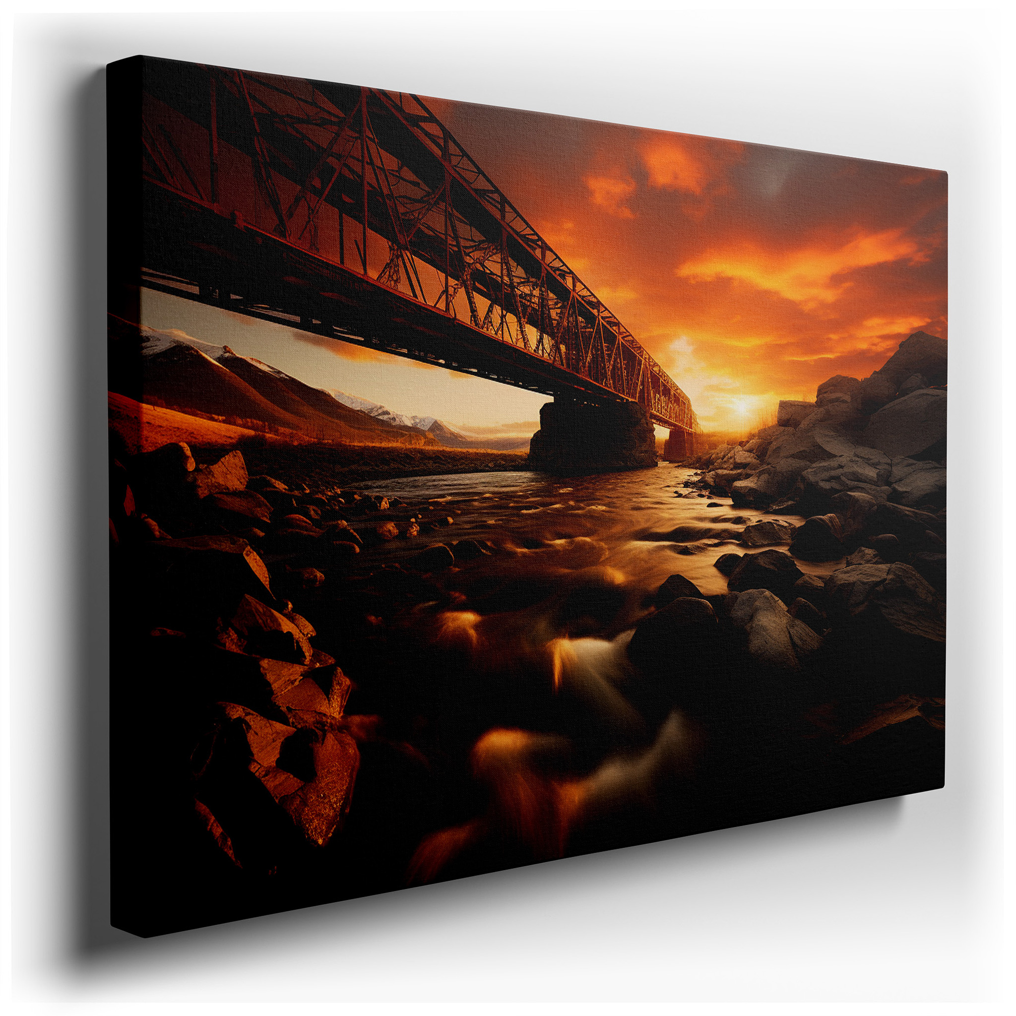 Sunset River and Industrial Bridge Scene - Large Canvas Wall Art for Office Decor wrapped canvas - main product photo