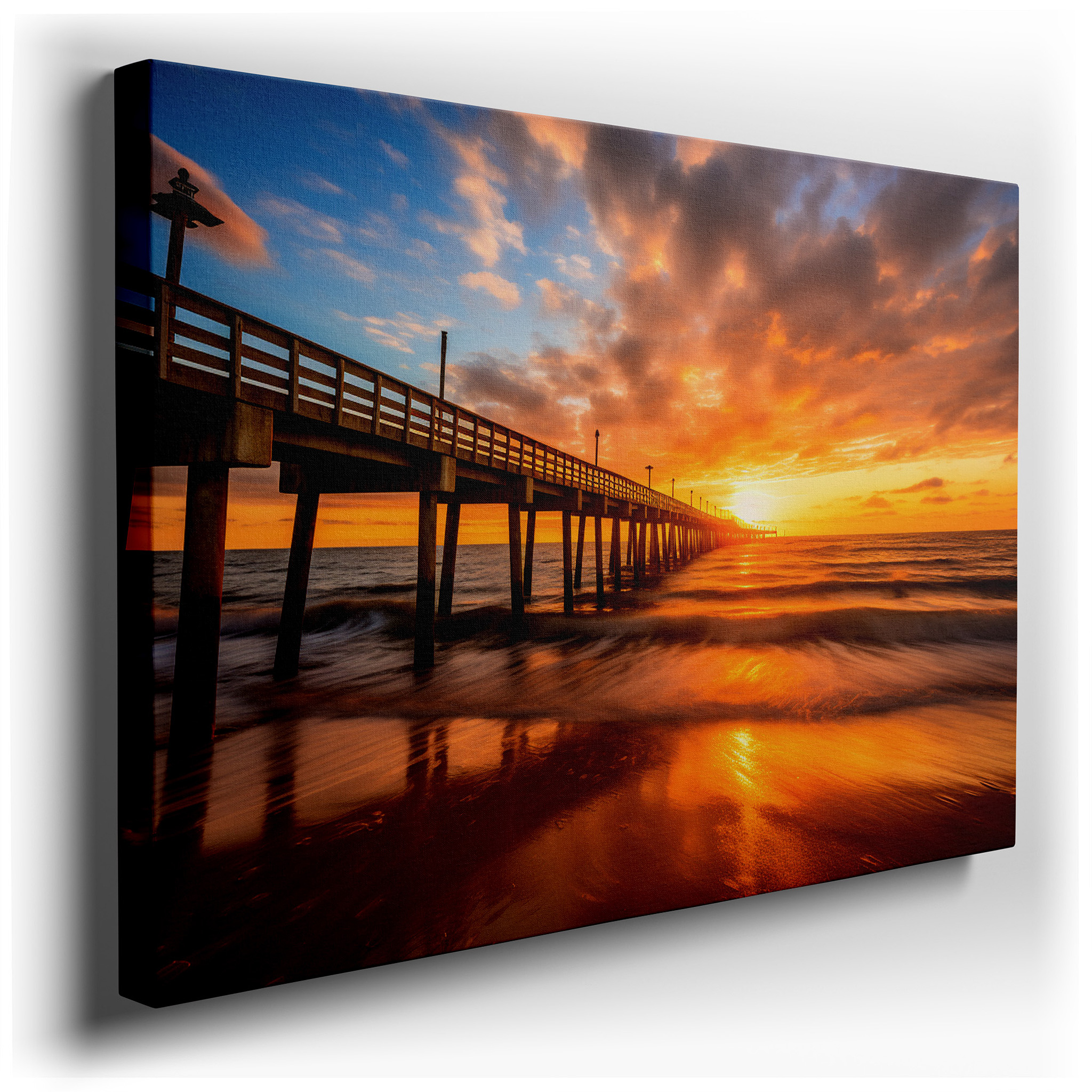 Sunset Serenade at the Ocean Pier: A Vivid Display of Nature's Palette - Large Canvas Wall Art for Office and Bedroom