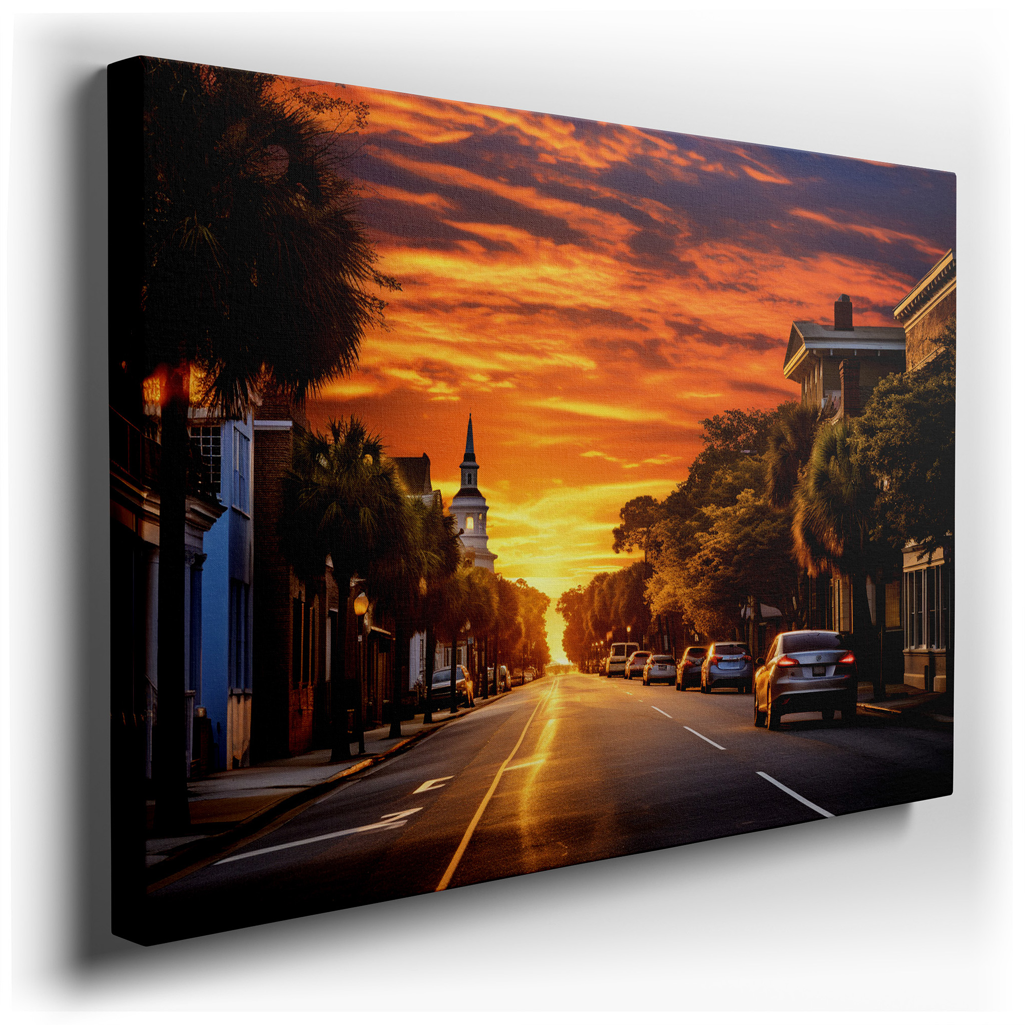 Sunset Serenade on a Historic City Street: Large Canvas Wall Art Featuring Warm Hues and Tropical Vibes, Ideal for