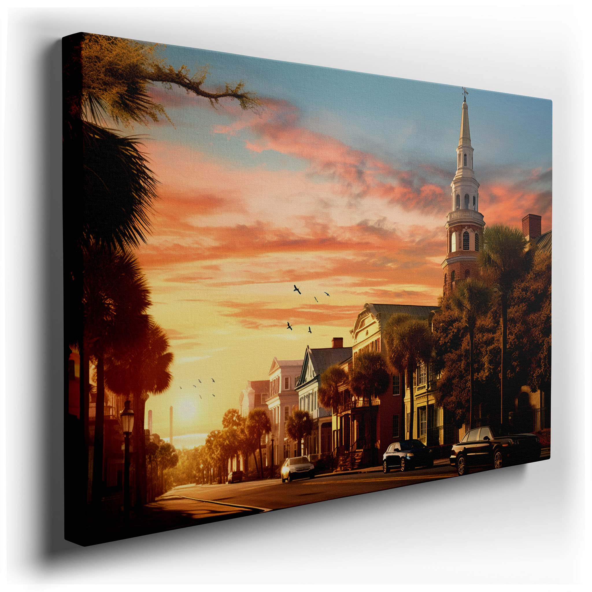 Sunset Serenade on a Historic Street: Where Classical Architecture and Nature's Warm Embrace Meet - Large Wall Art,