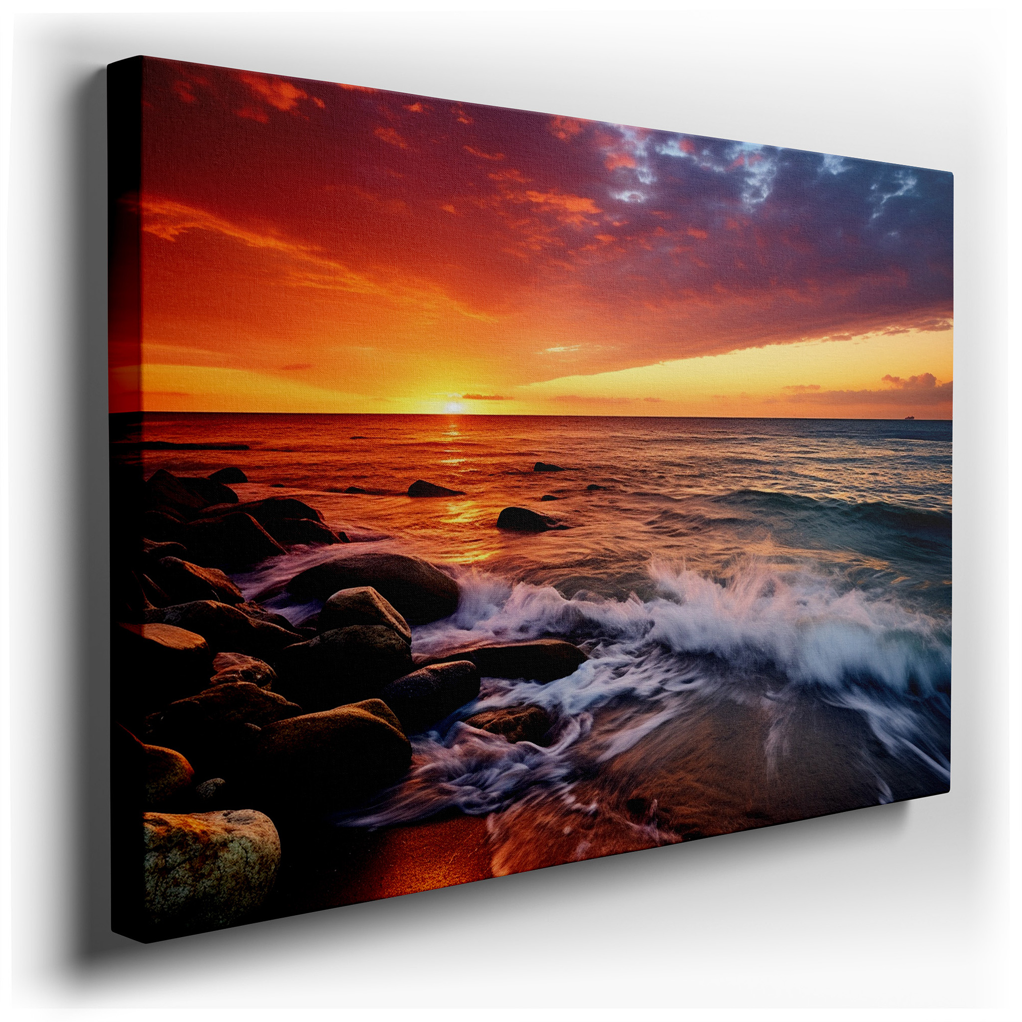 Sunset Serenade Over Tranquil Seas, Large Canvas Wall Art by Sandy Shores with Rocky Accents, Ideal for Office and