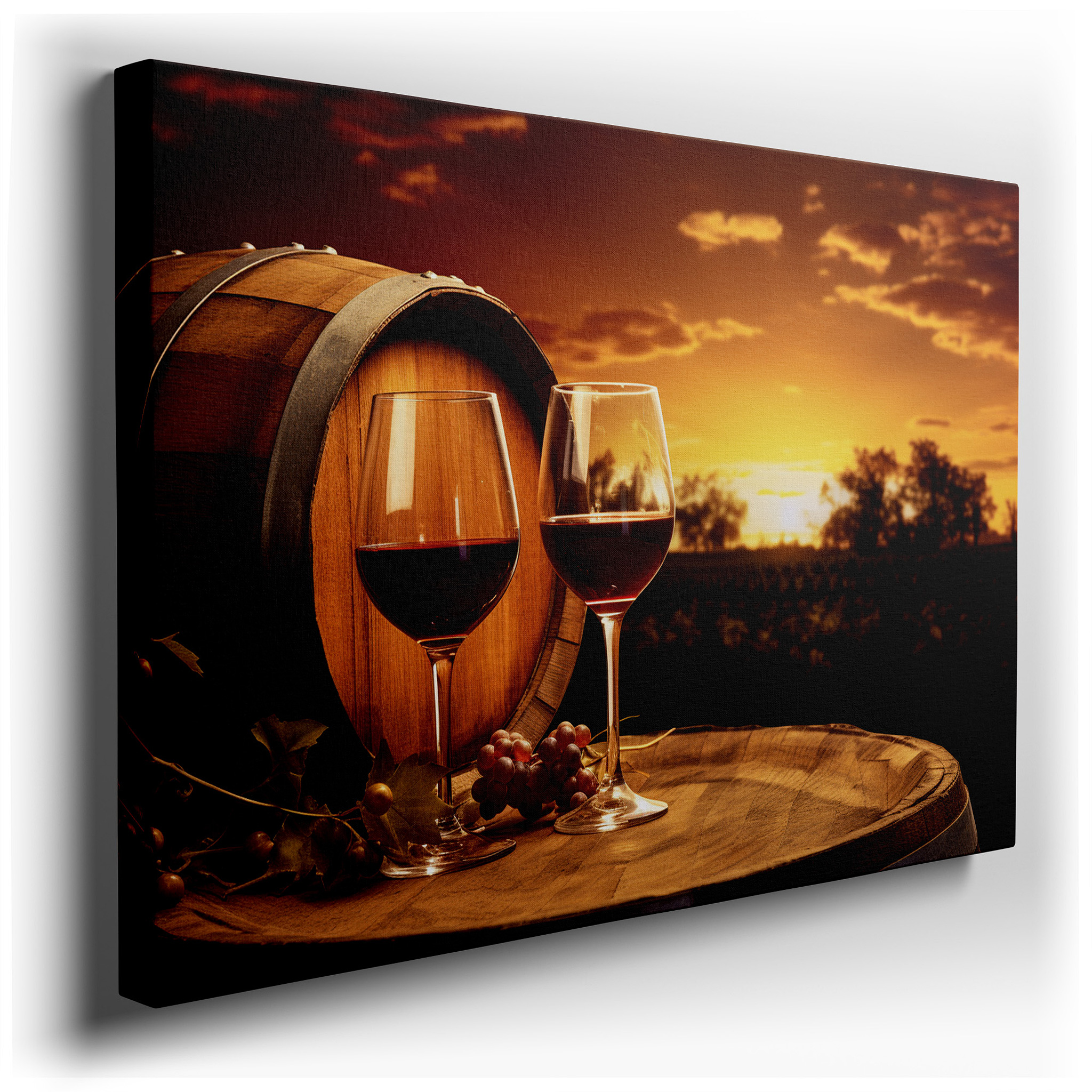 Sunset Serenade Wall Art Featuring Wine Glasses, Grapes, and a Rustic Barrel - Large Canvas for Office, Bedroom, and