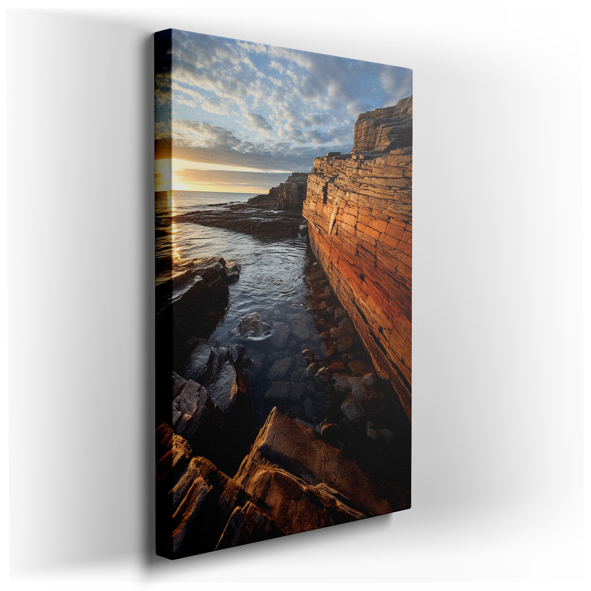 Sunset Serenade Wall Art: Majestic Cliffs and Serene Waters - Large Canvas for Office or Bedroom Decor wrapped canvas -