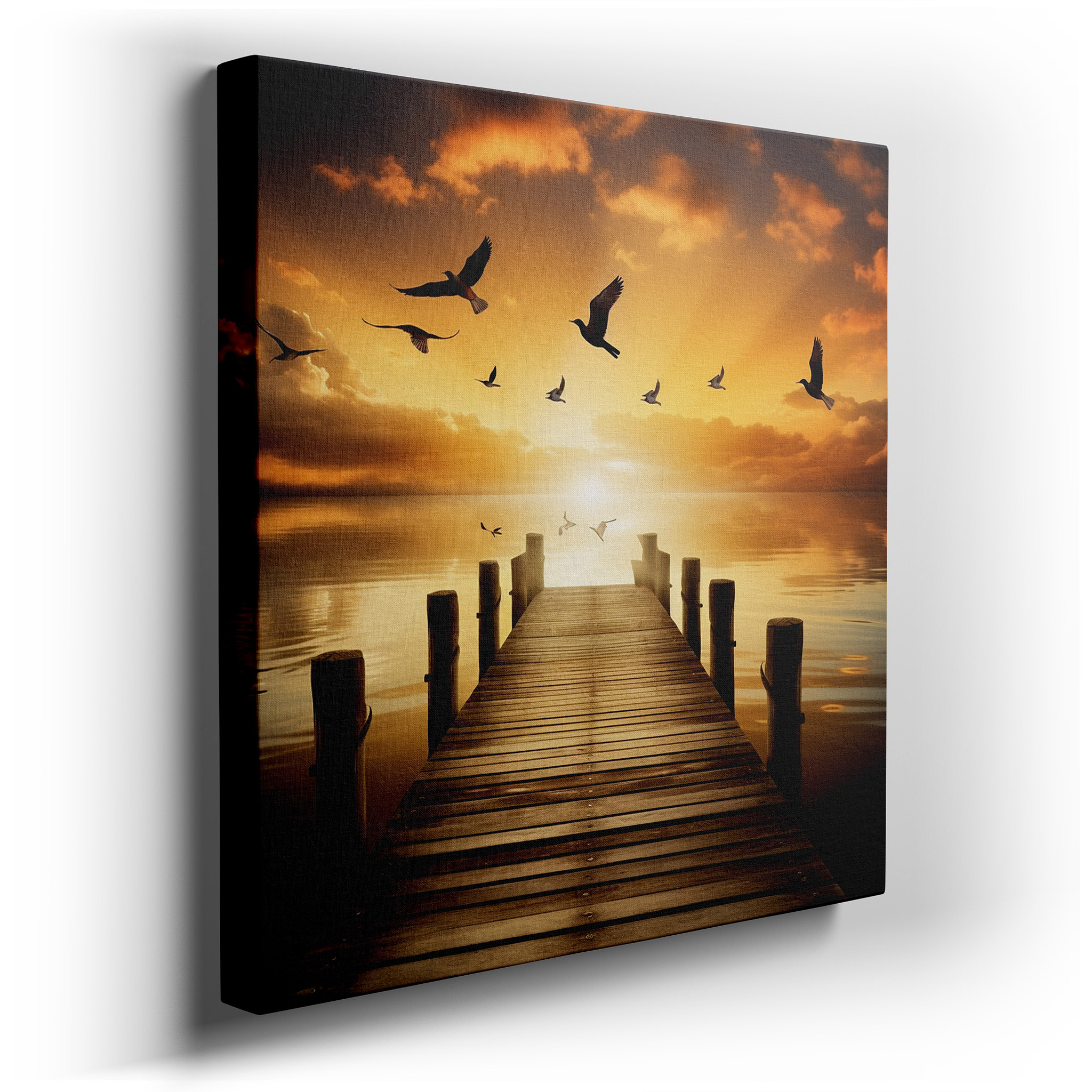 Sunset Serenity at the Weathered Pier Wall Art: Reflective Waters and Birds in Flight - Large Canvas for Office or