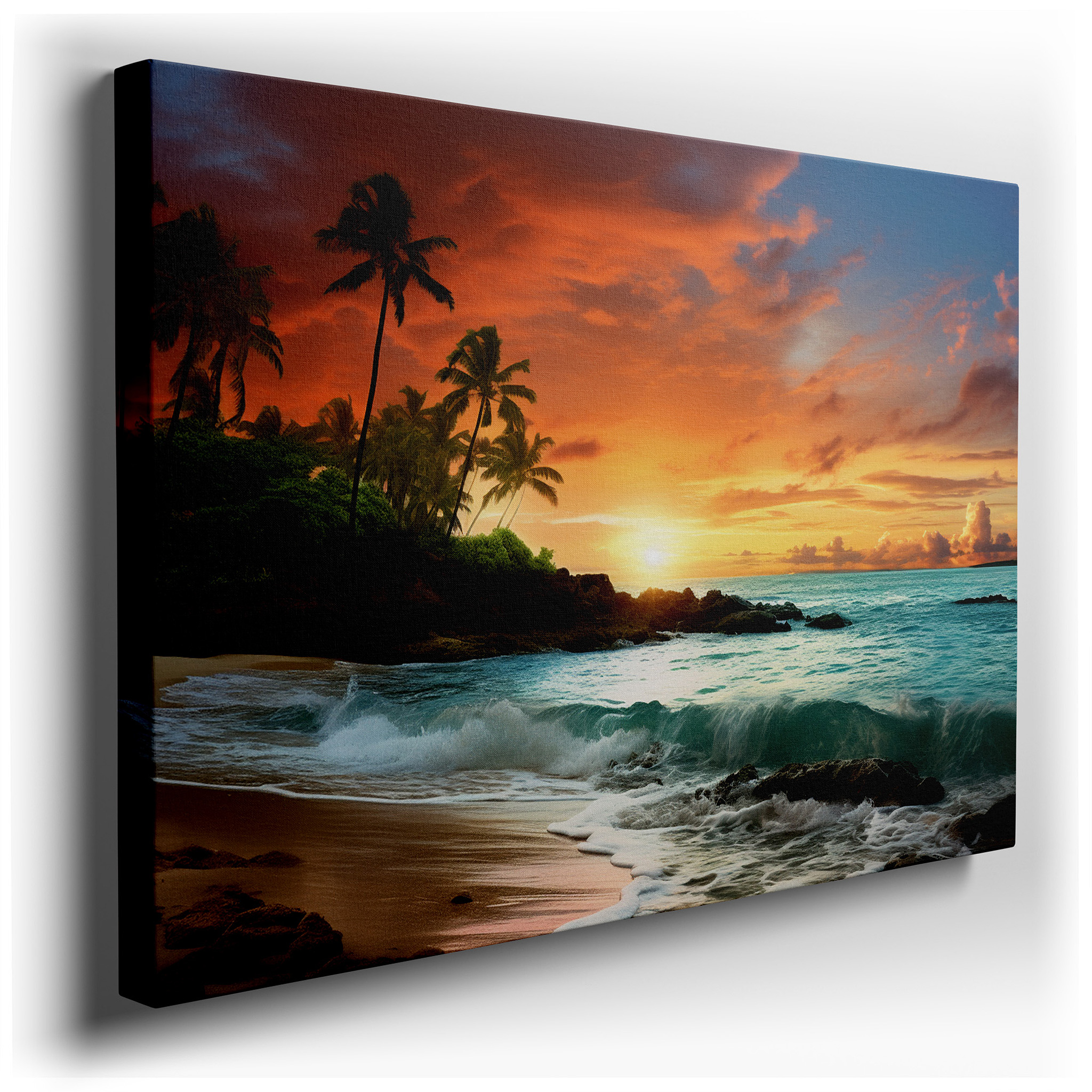 Sunset Serenity on a Pristine Beach with Whispering Waves and Vibrant Skies: Large Canvas Wall Art for Office and