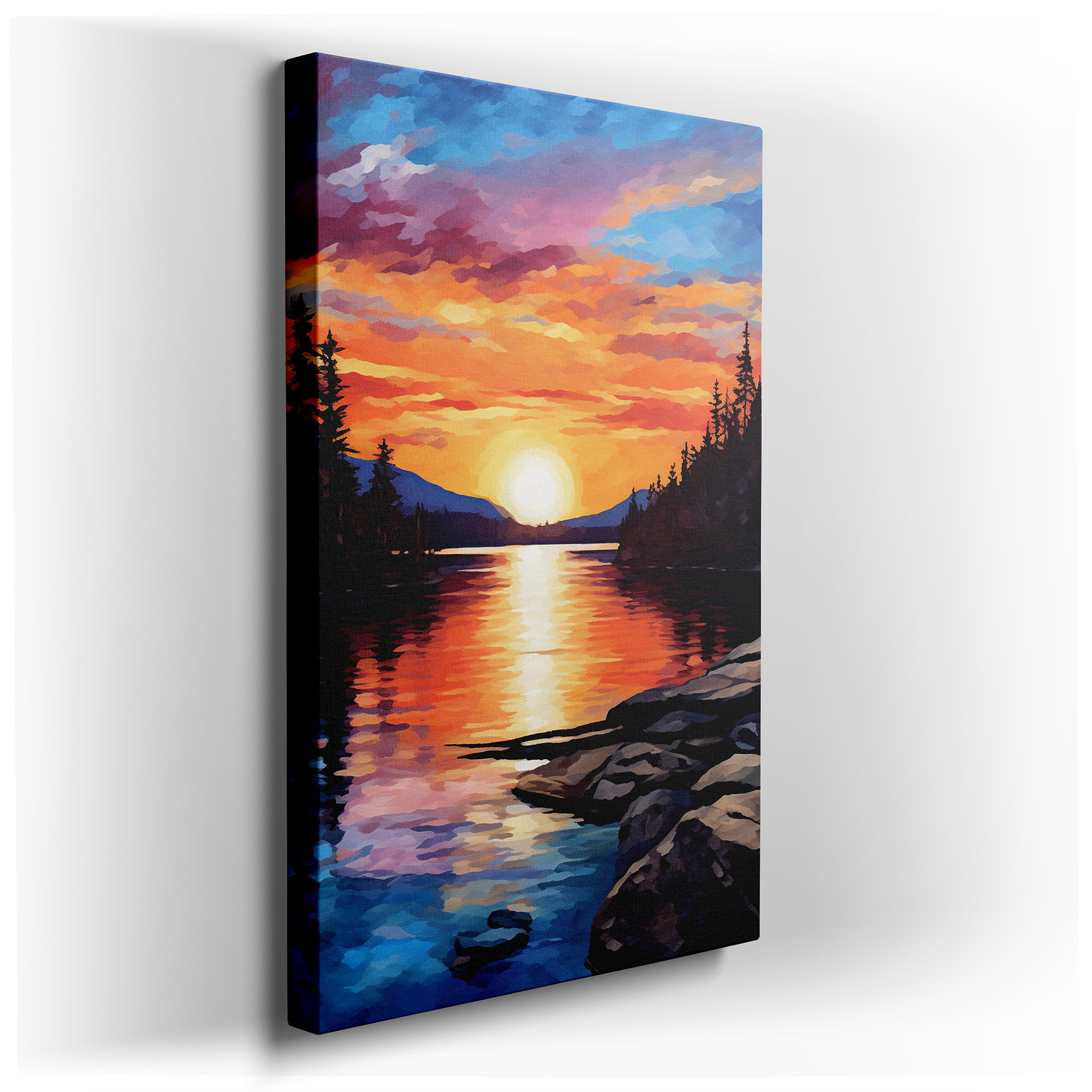 Sunset Serenity Over a Tranquil River: A Vivid Display of Nature's Palette - Large Canvas Wall Art for Office and