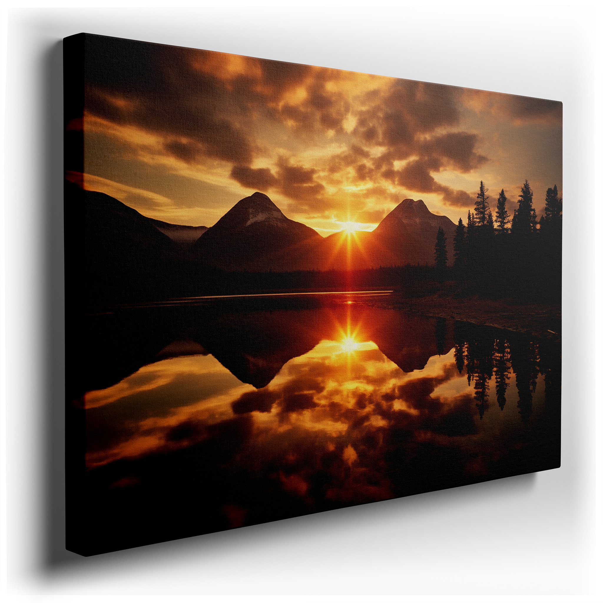 Sunset Serenity Over Tranquil Lake with Majestic Mountain Reflections: Large Canvas Wall Art for Office and Bedroom