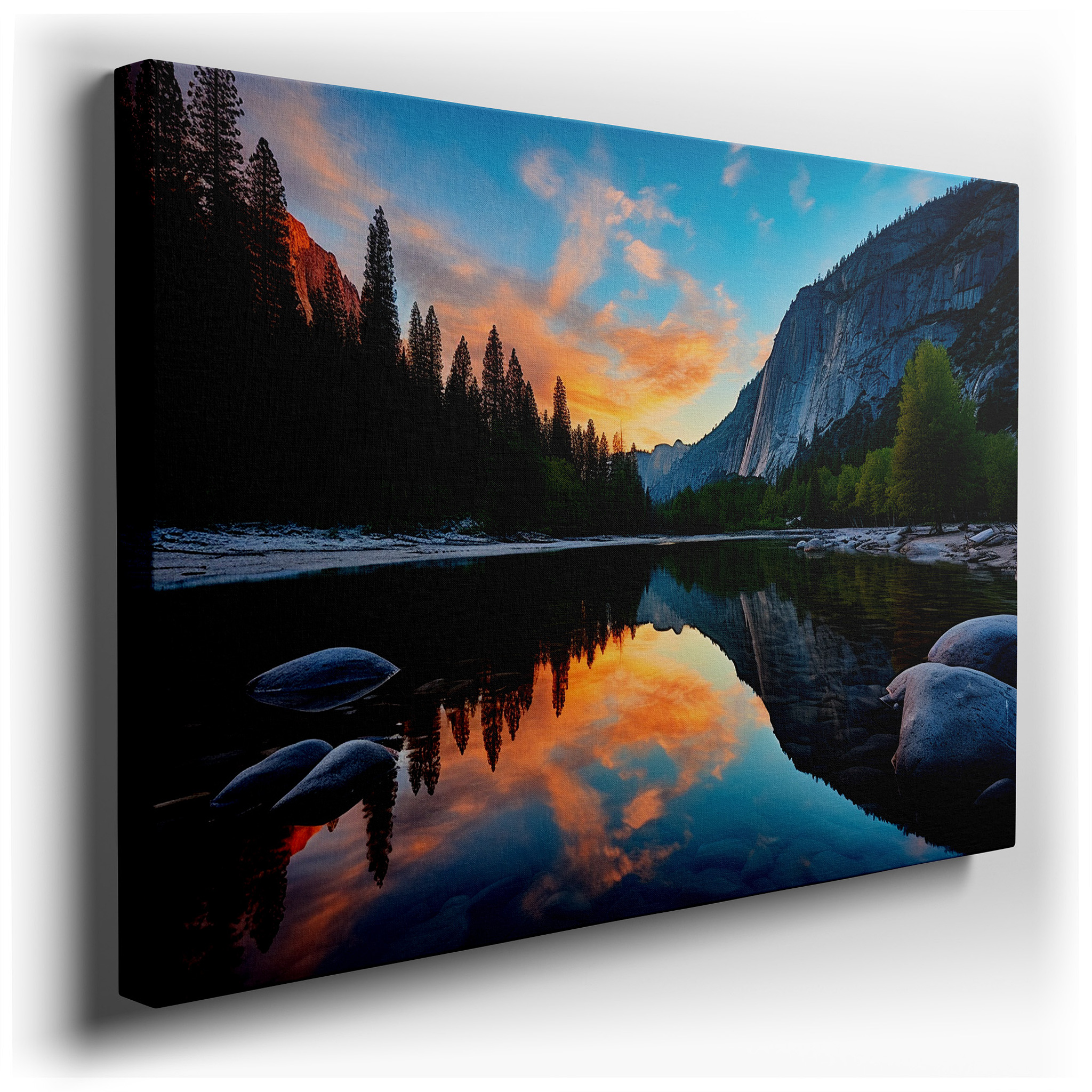 Sunset Serenity Over Tranquil Mountain Lake: Large Canvas Wall Art Depicting Nature's Peaceful Grandeur for Home and