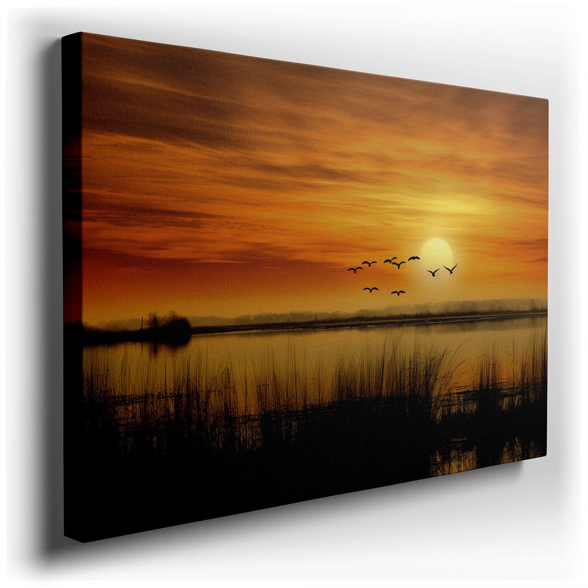 Sunset Serenity Over Tranquil Waters Featuring Silhouetted Birds in Flight - Large Canvas Wall Art for Office and