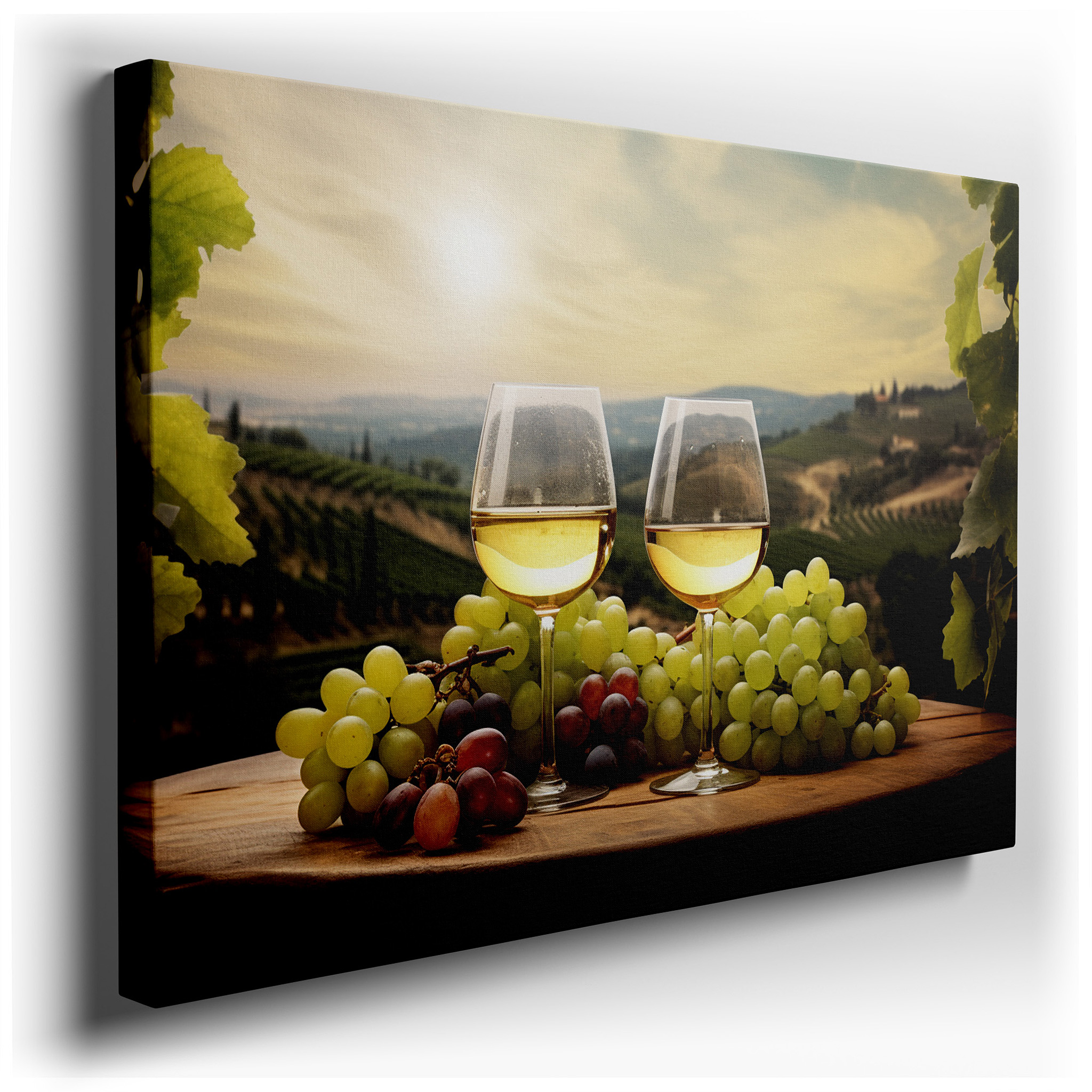 Sunset Serenity Over Vineyard Large Canvas Wall Art with White Wine Toast, Perfect for Office, Bedroom, or Living Room