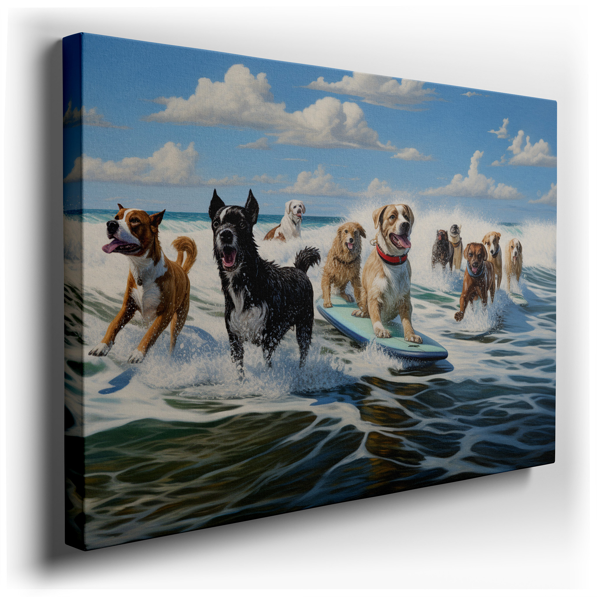 Surf's Pup - Delighted Dogs Surfing Under a Golden Sun Large Wall Art, Canvas Wall Art, Decorative Wall Art for