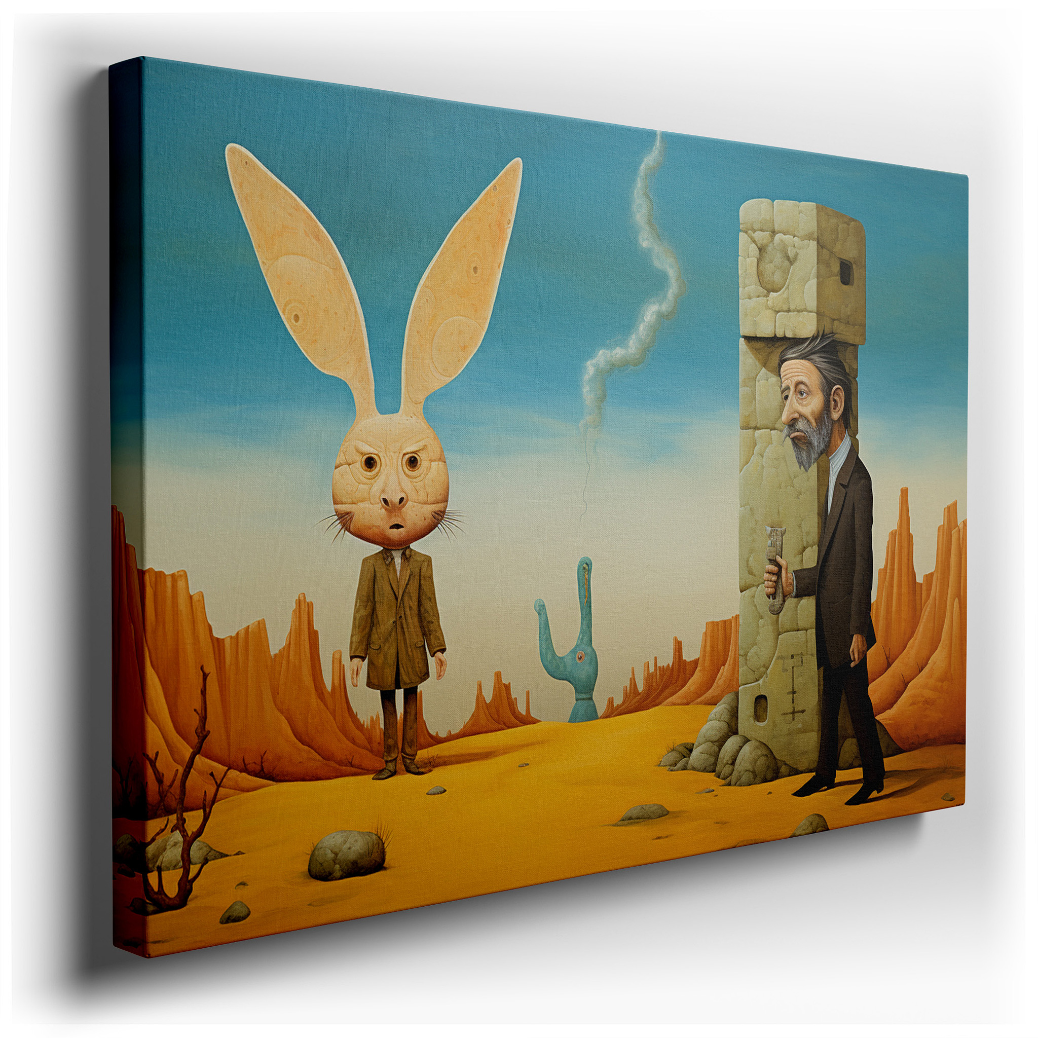 Surreal Desert Scene Featuring Human - like Rabbits and People, Large Canvas Wall Art for Home and Office Decor wrapped