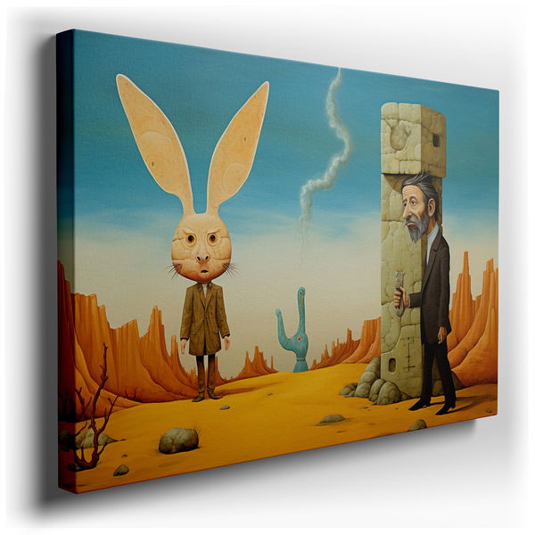 Surreal Desert Scene with Human-like Rabbits - Abstract Canvas Wall Art