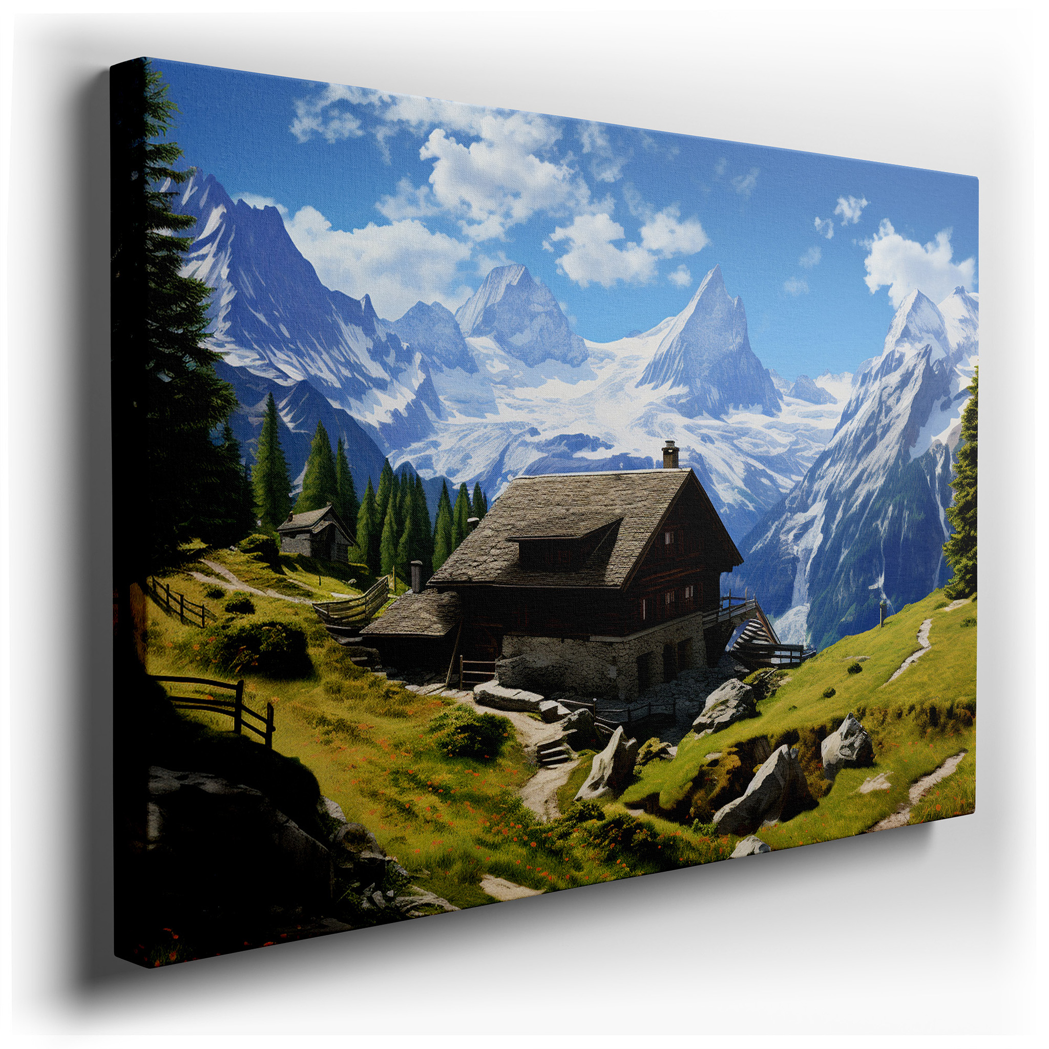 Swiss Alps Serene Retreat: Rustic Cabin Surrounded by Verdant Hills and Snowy Peaks - Large Wall Art, Canvas, Office