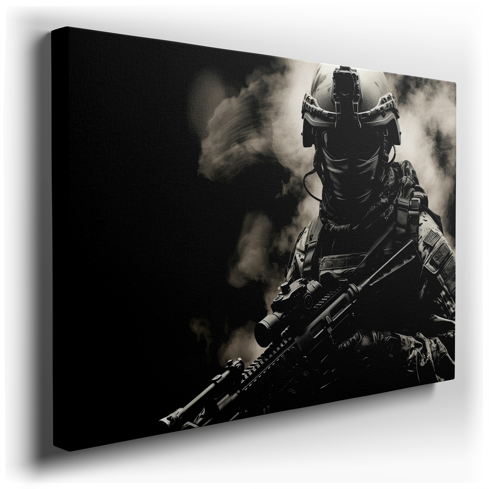 Tactical Soldier in Smoke Wall Art, Symbolizing Valor and Readiness, Ideal for Office and Bedroom Decor wrapped canvas