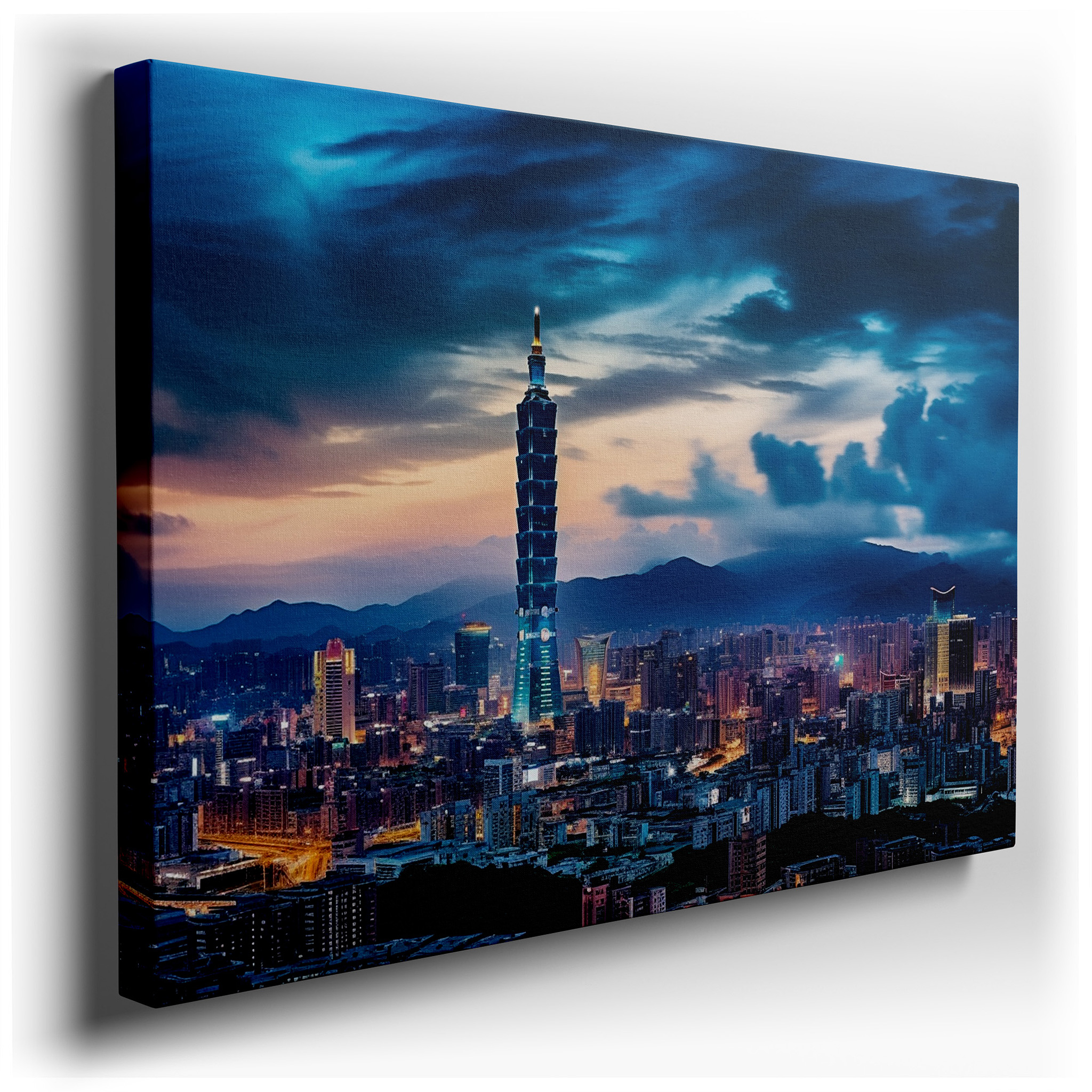 Taipei 101 Tower Lit Up: A Dazzling Gem in the Evening Cityscape - Large Wall Art, Canvas Wall Art, Wall Decor for