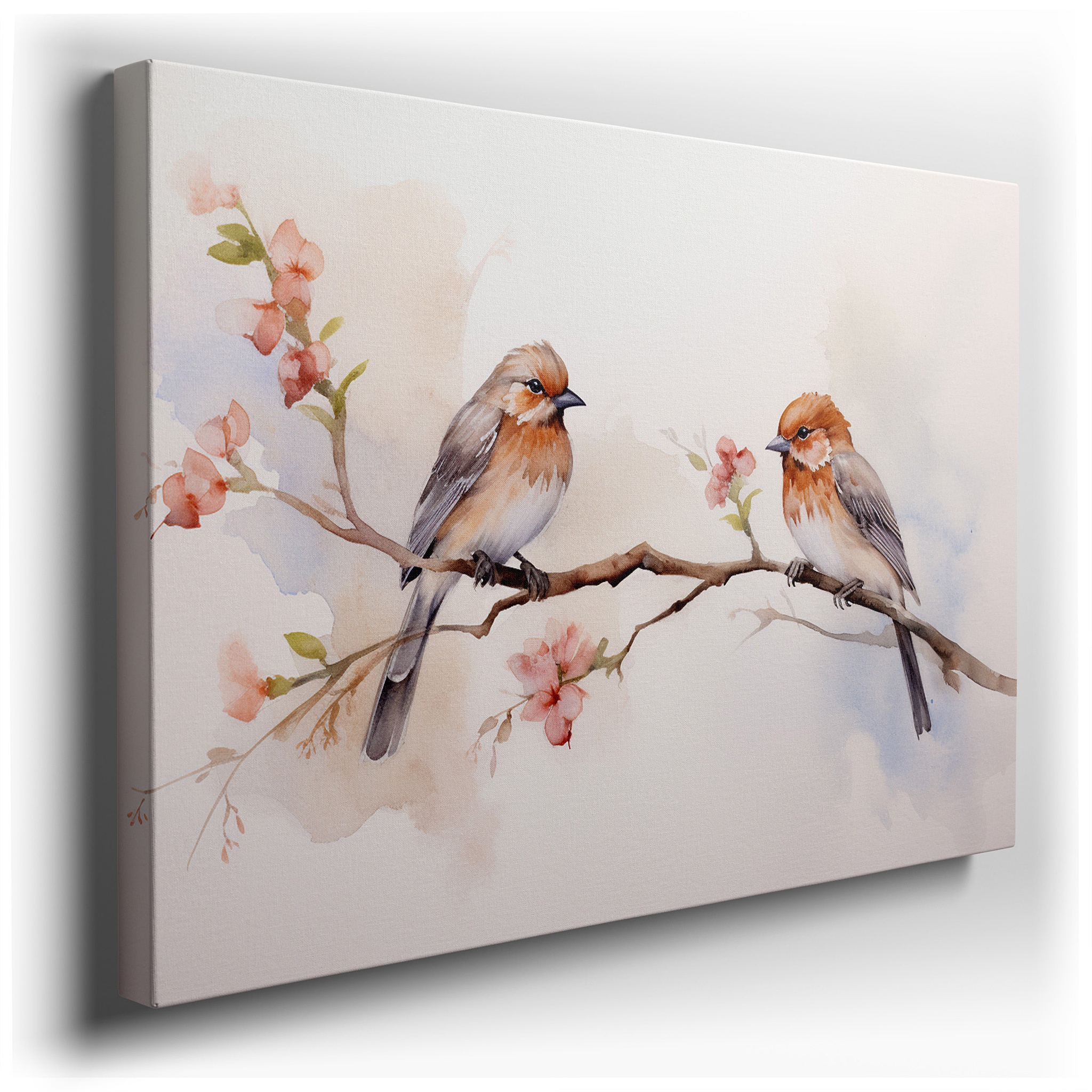 Tender Birds Perched on Flowering Branches, Representing Love and Connection - Large Wall Art, Canvas Wall Art, Wall