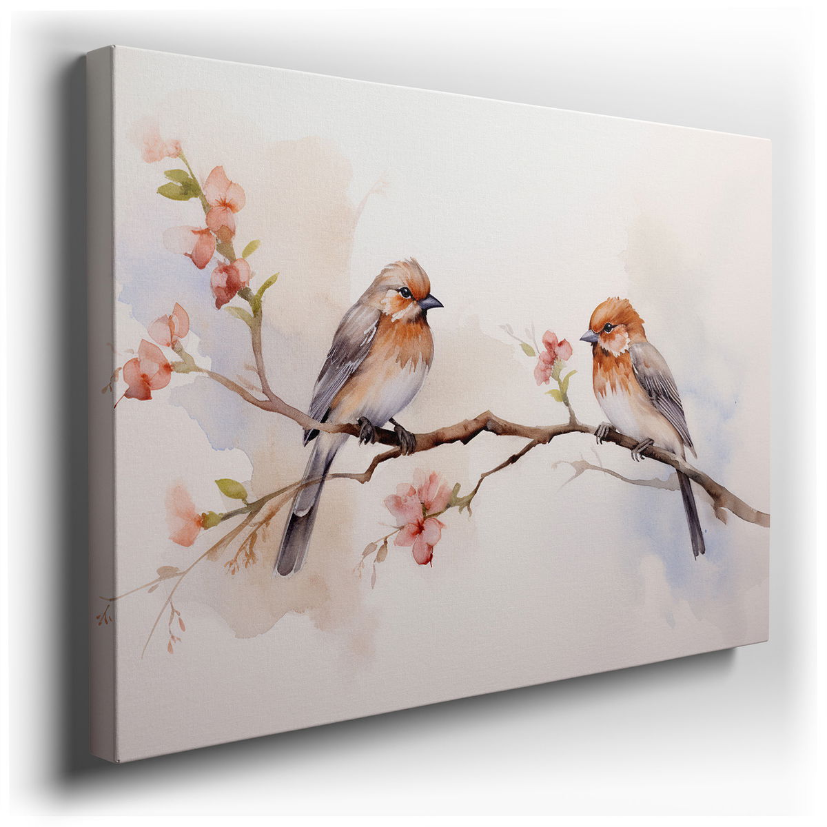 Tender Birds on Flowering Branches - Pink Canvas Wall Art