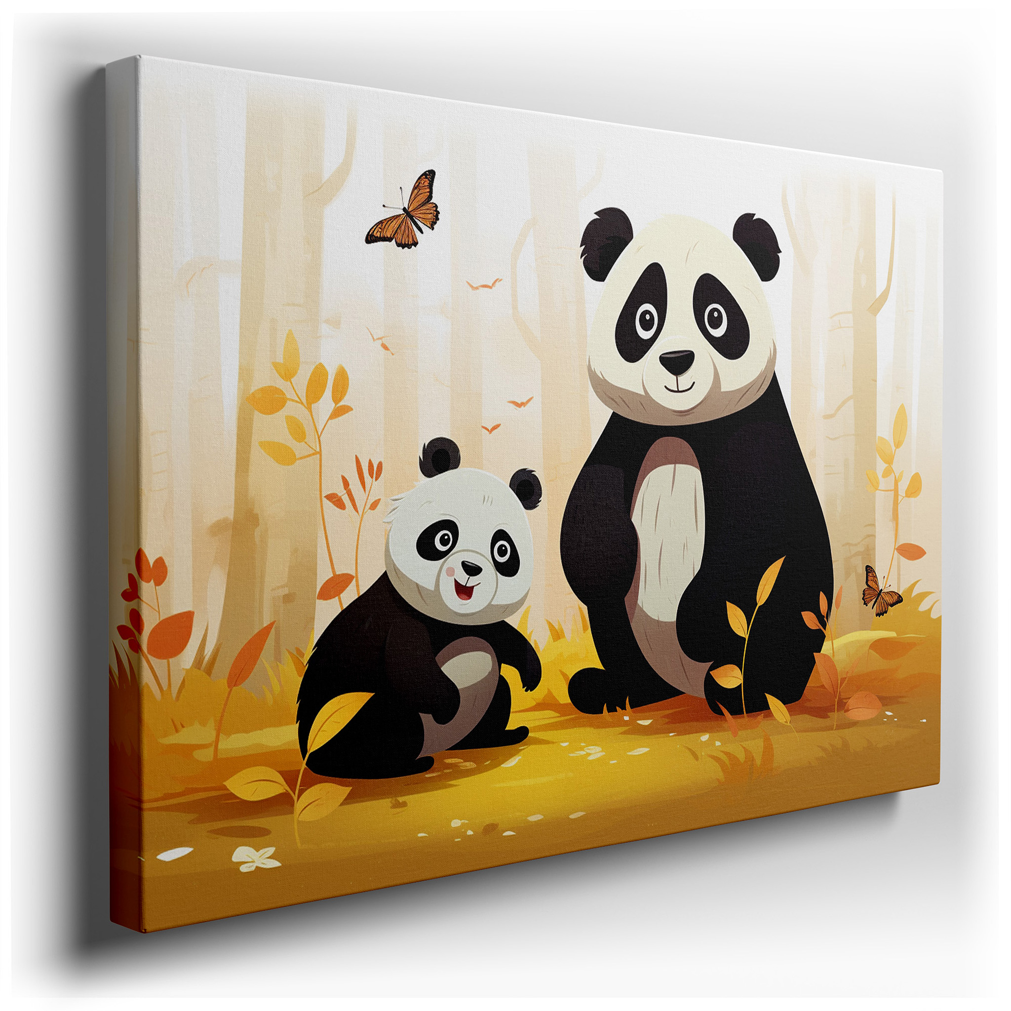 Tender Panda Family Embrace in Vibrant Autumn Forest Large Canvas Wall Art for Office, Bedroom, and Living Room Decor