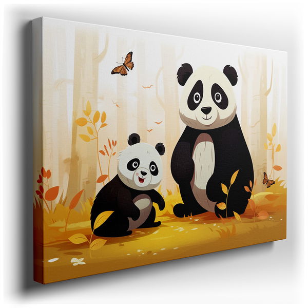 Tender Panda Family Embrace - Vibrant Autumn Canvas Wall Art